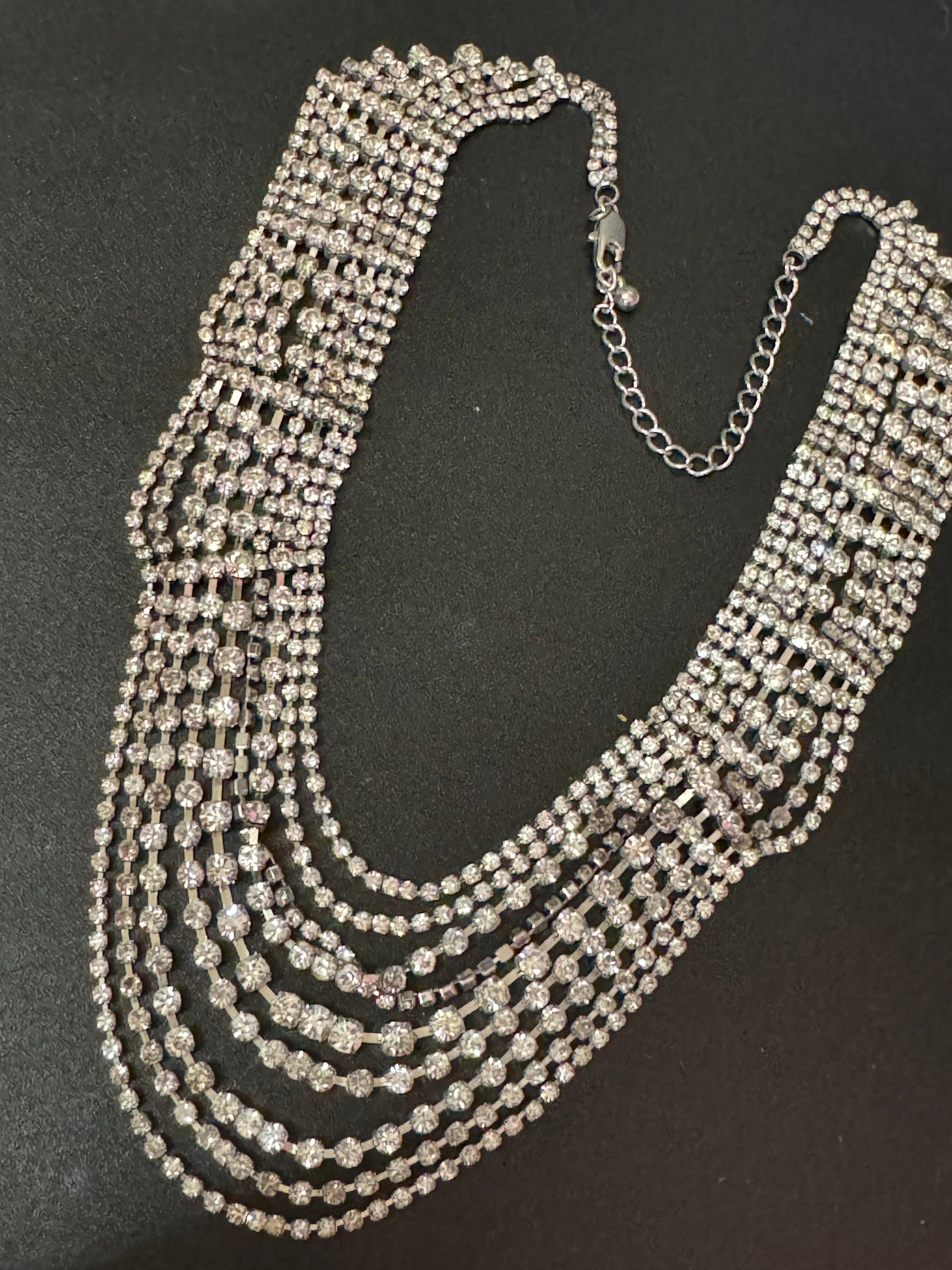 39-45cm ornate silver Clear glass Diamanté rhinestone paste waterfall bib swag cocktail necklace