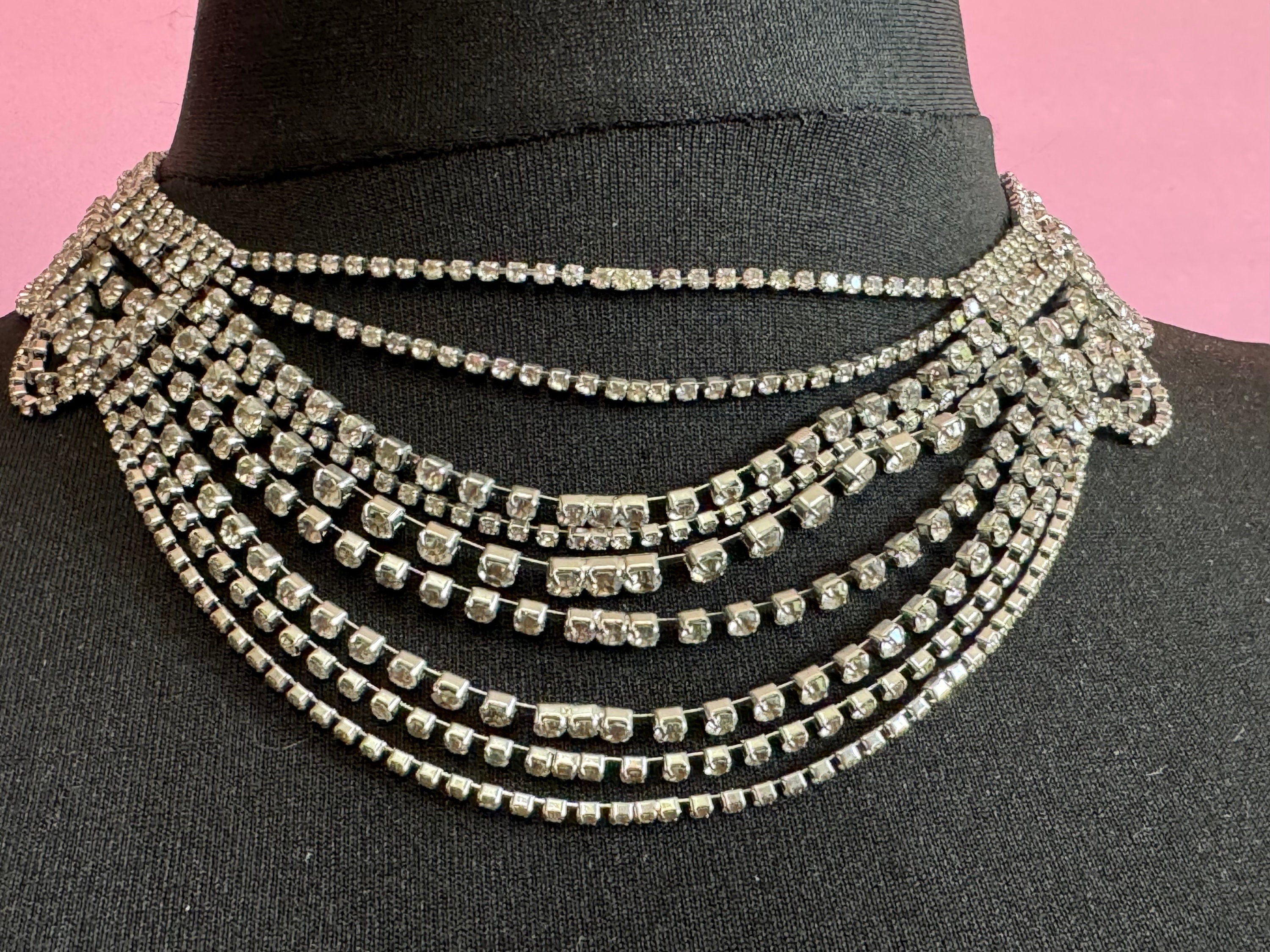 39-45cm ornate silver Clear glass Diamanté rhinestone paste waterfall bib swag cocktail necklace