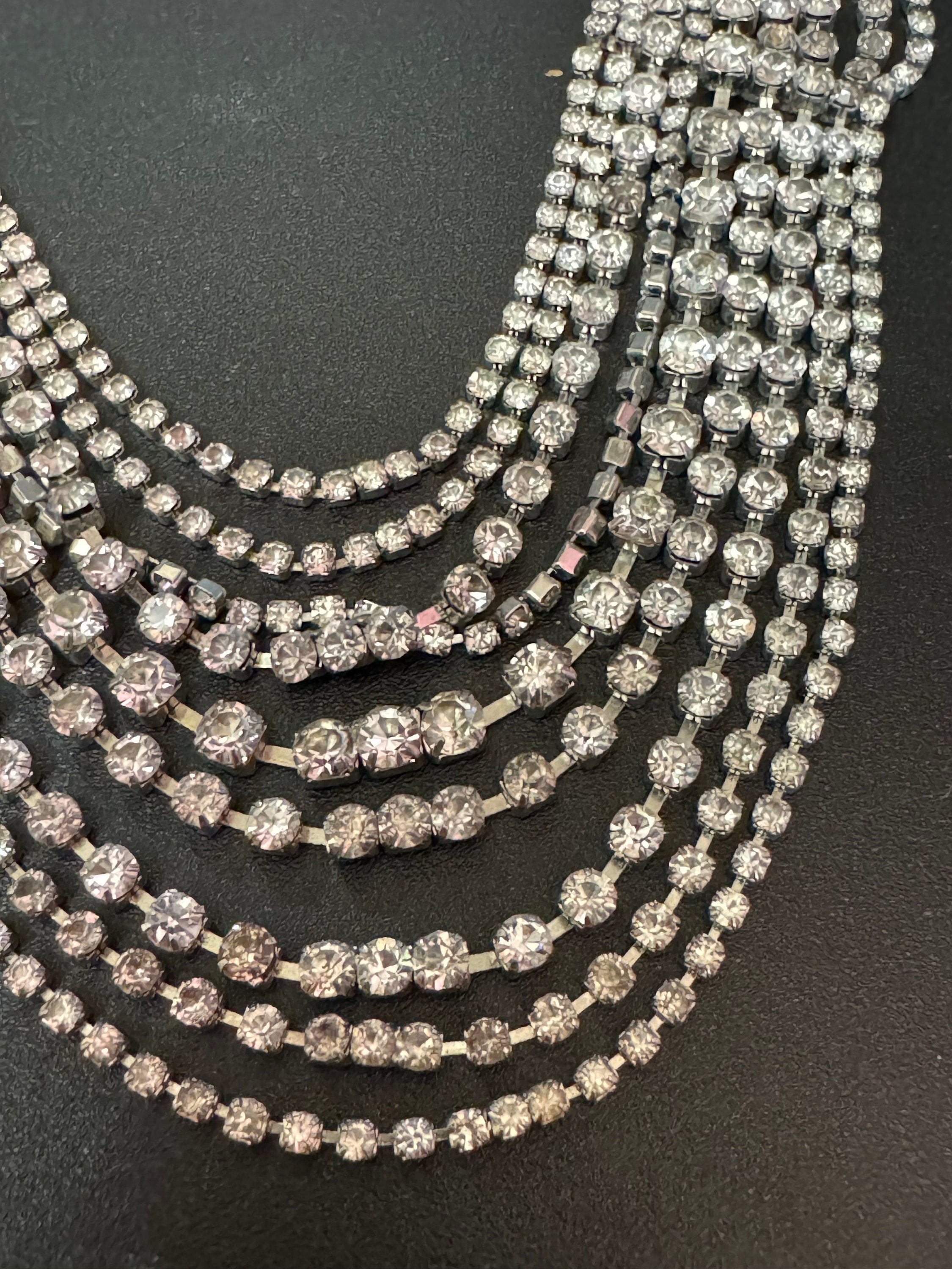 39-45cm ornate silver Clear glass Diamanté rhinestone paste waterfall bib swag cocktail necklace