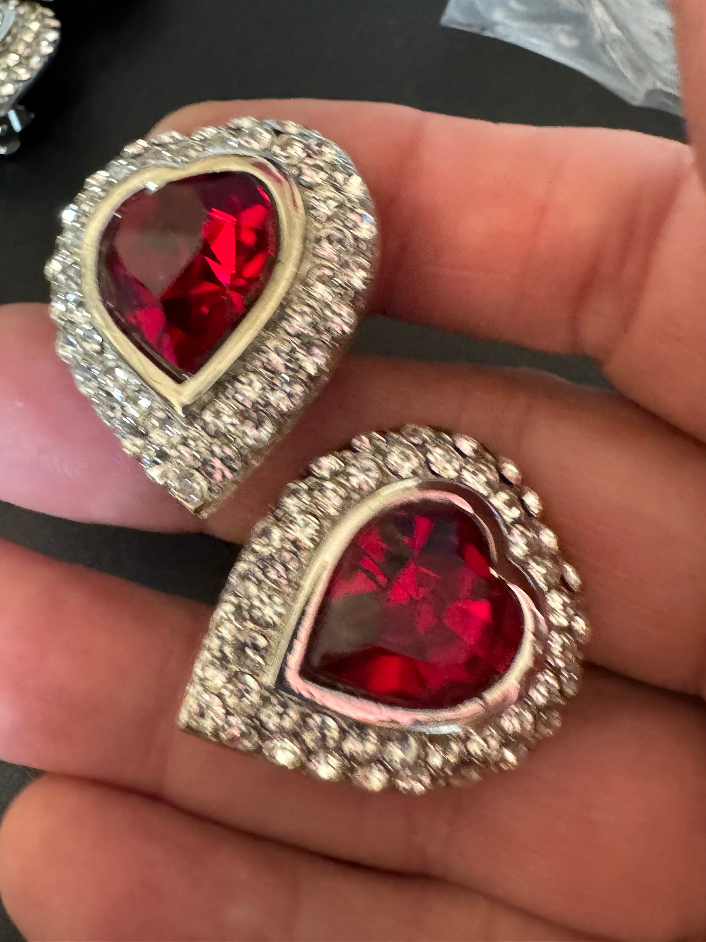 vintage silver ruby red Swarovski crystal love heart earrings, 1980s