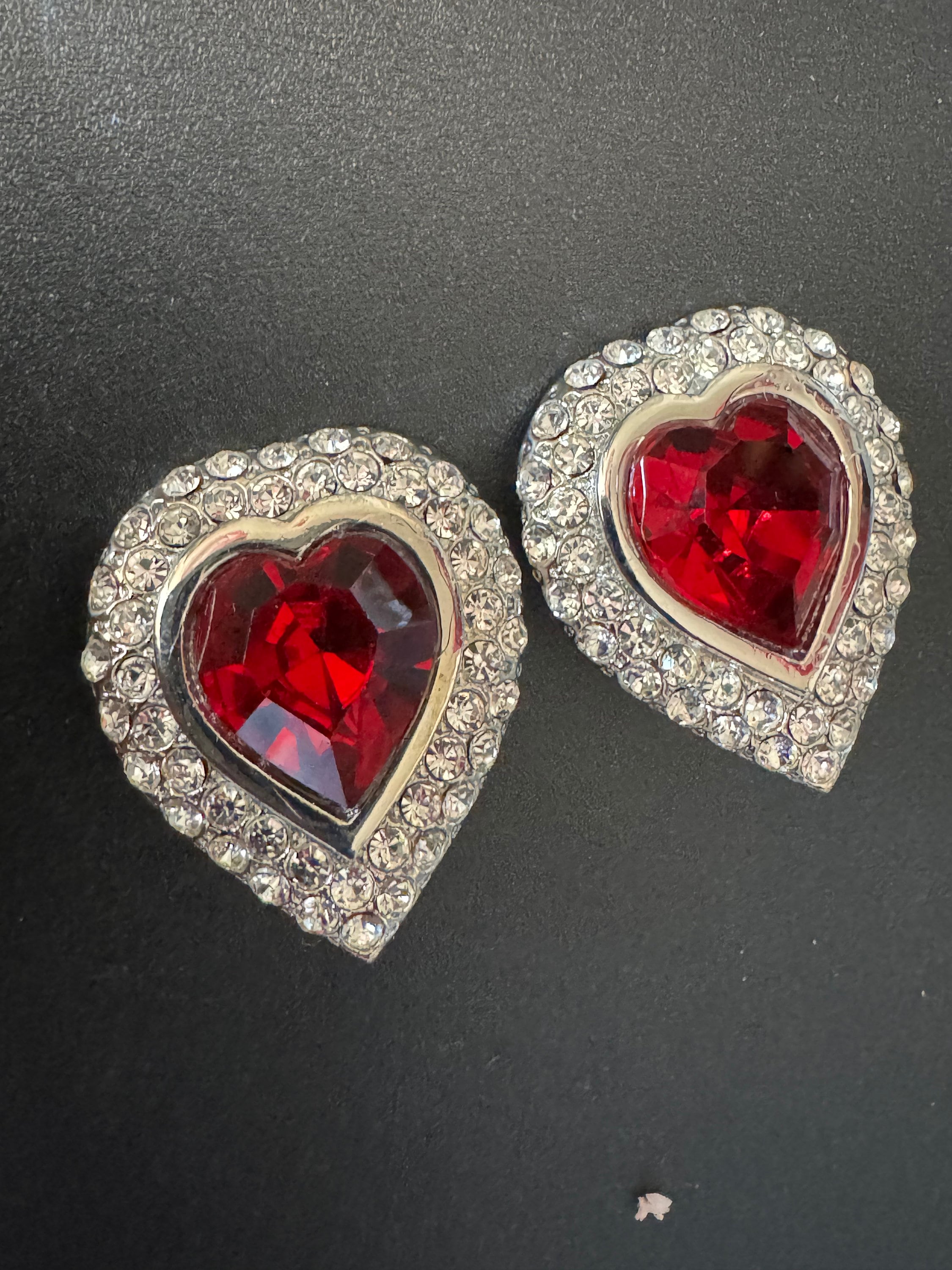 vintage silver ruby red Swarovski crystal love heart earrings, 1980s