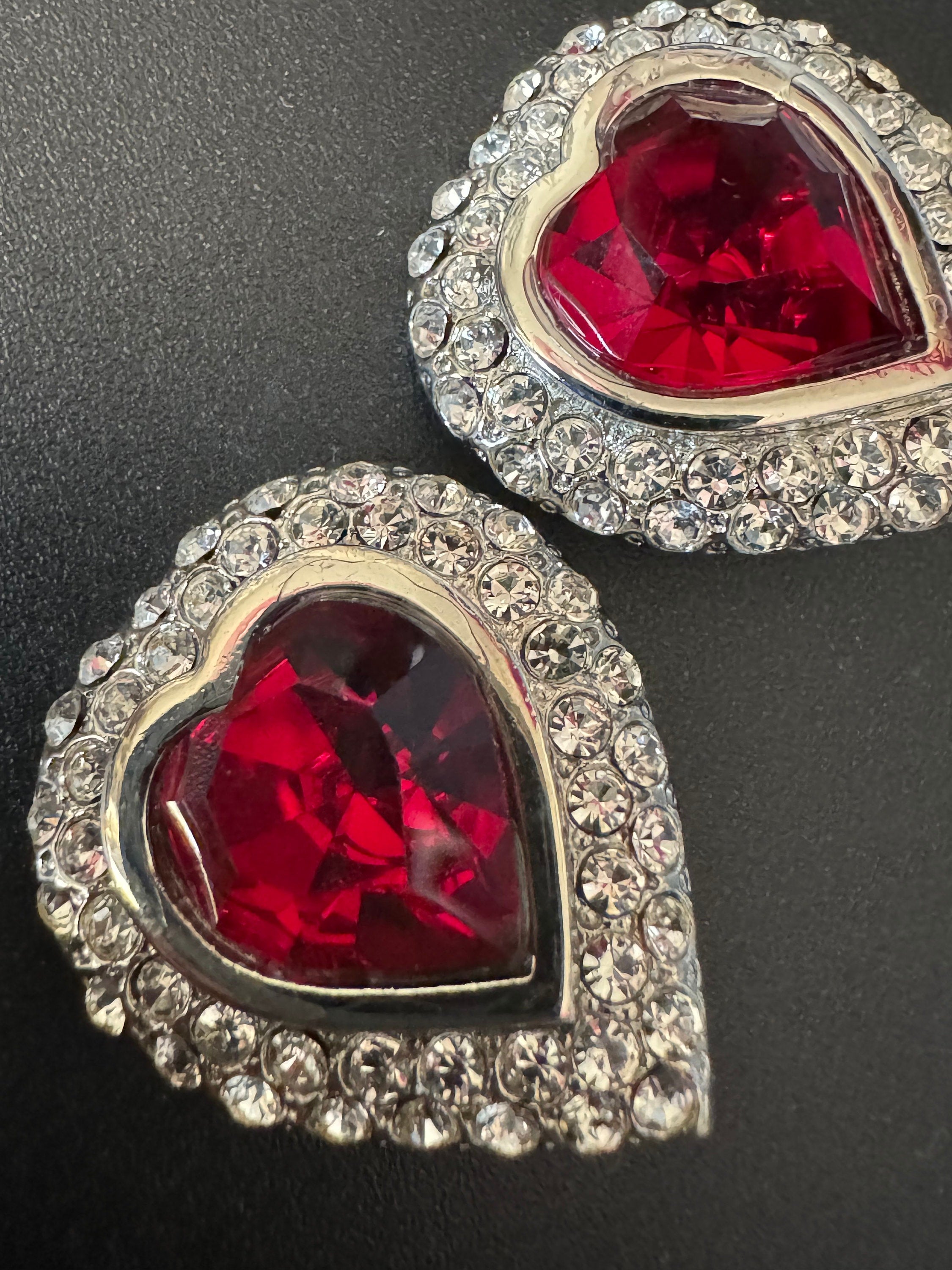 vintage silver ruby red Swarovski crystal love heart earrings, 1980s