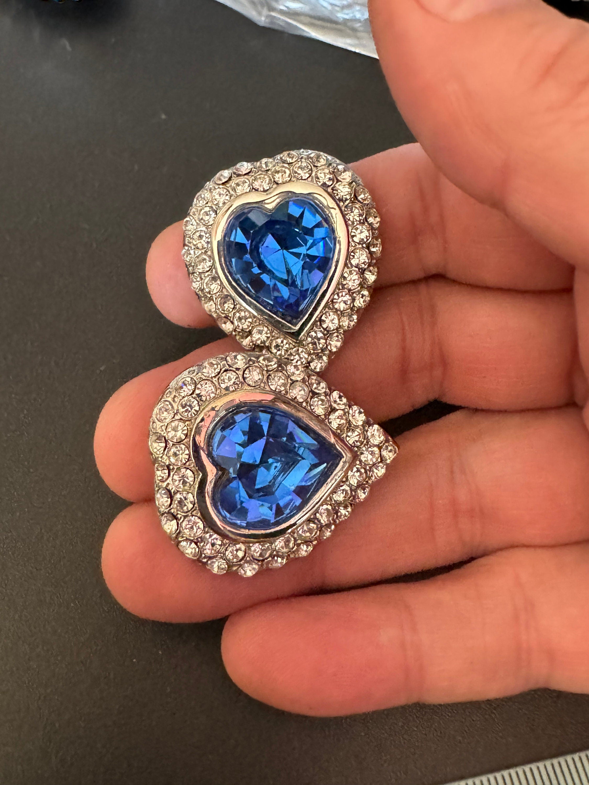 vintage oversized 3.25cm chunky silver tone sapphire blue and and clear Swarovski crystal love heart earrings 1980s high end old shop stock