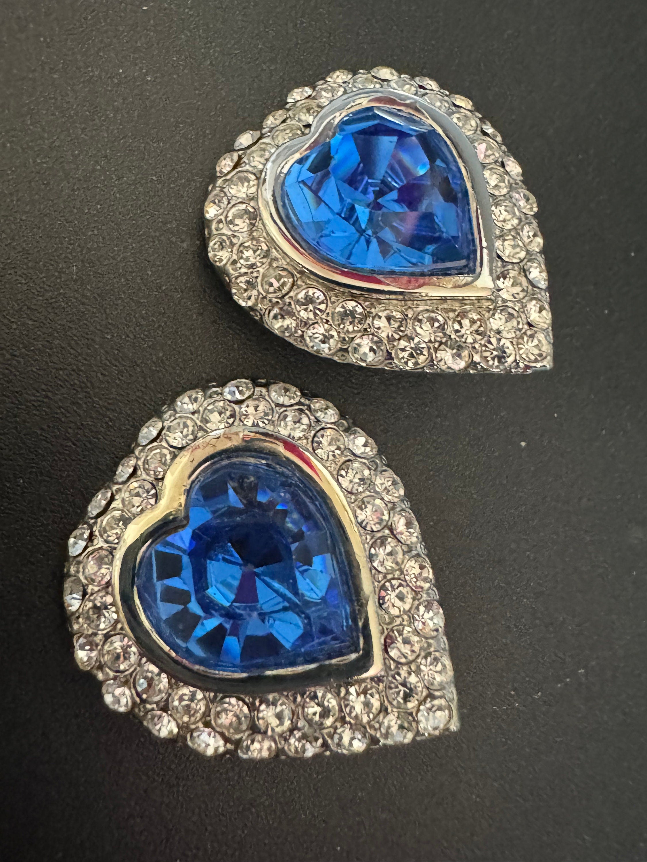 vintage oversized 3.25cm chunky silver tone sapphire blue and and clear Swarovski crystal love heart earrings 1980s high end old shop stock