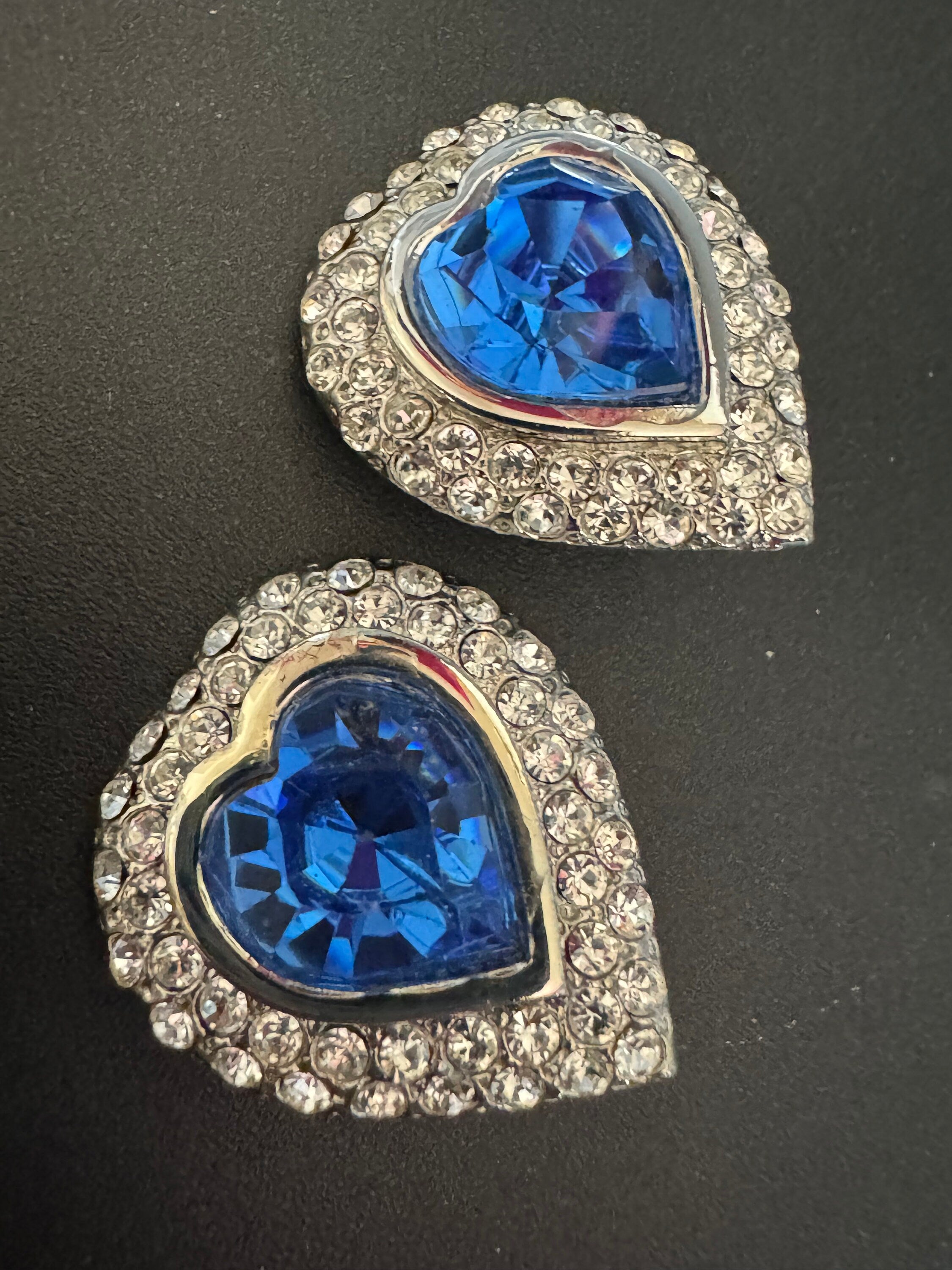 Vintage 1980s Swarovski Crystal Heart Earrings: Sapphire Blue, Silver Tone