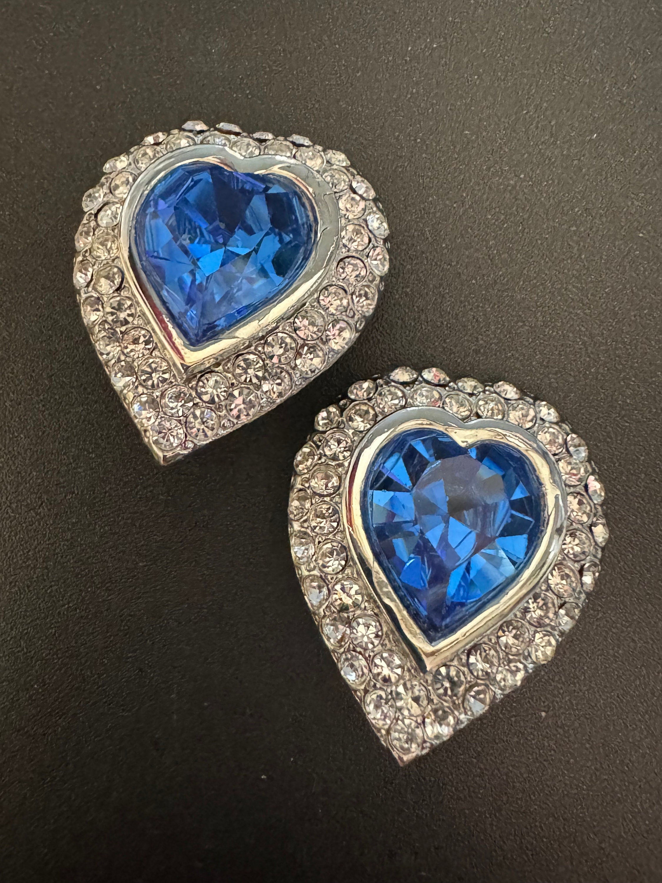 vintage oversized 3.25cm chunky silver tone sapphire blue and and clear Swarovski crystal love heart earrings 1980s high end old shop stock