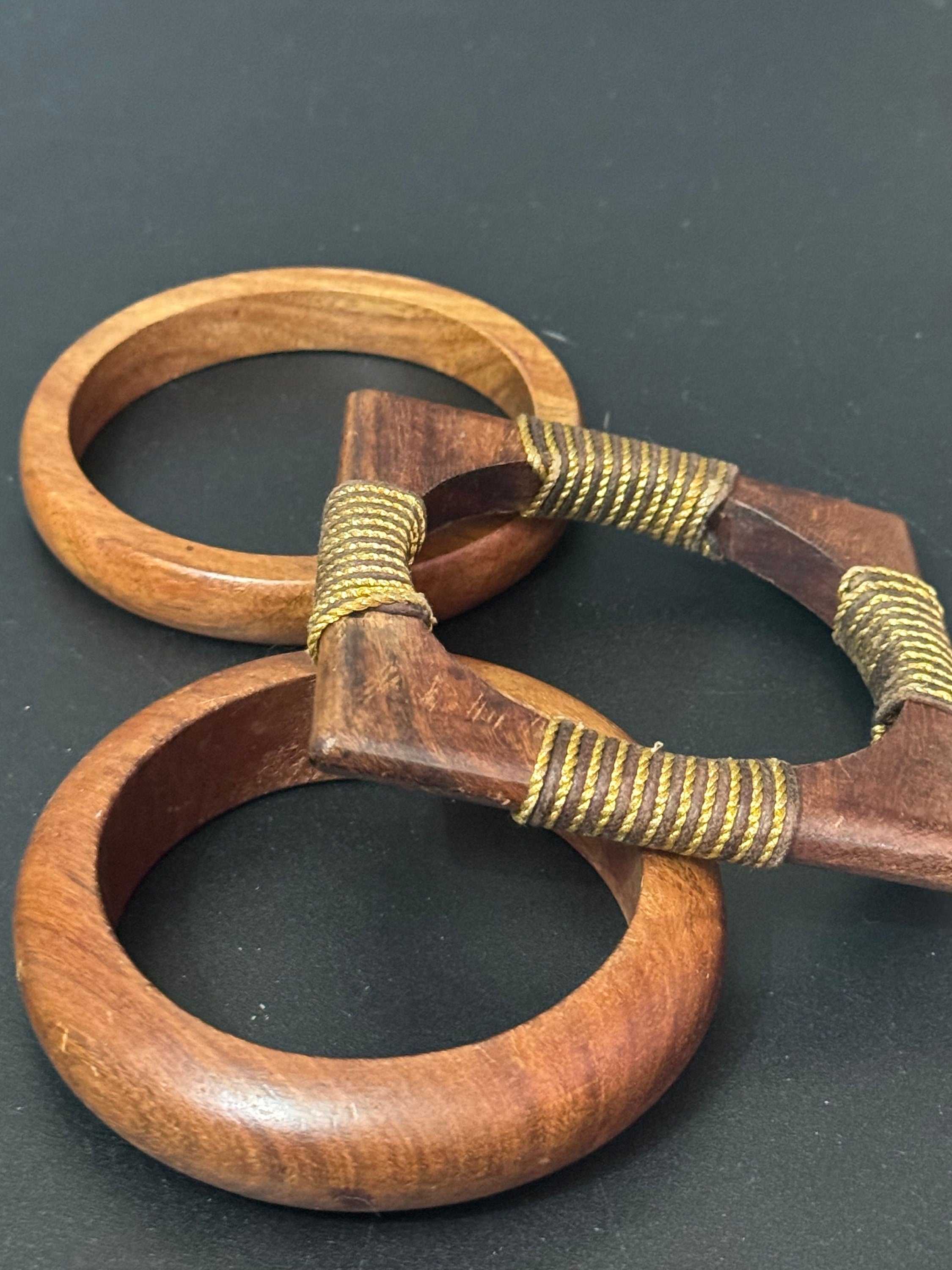 Vintage Wooden Stacking Bangles: Brown Boho Tribal Bracelets