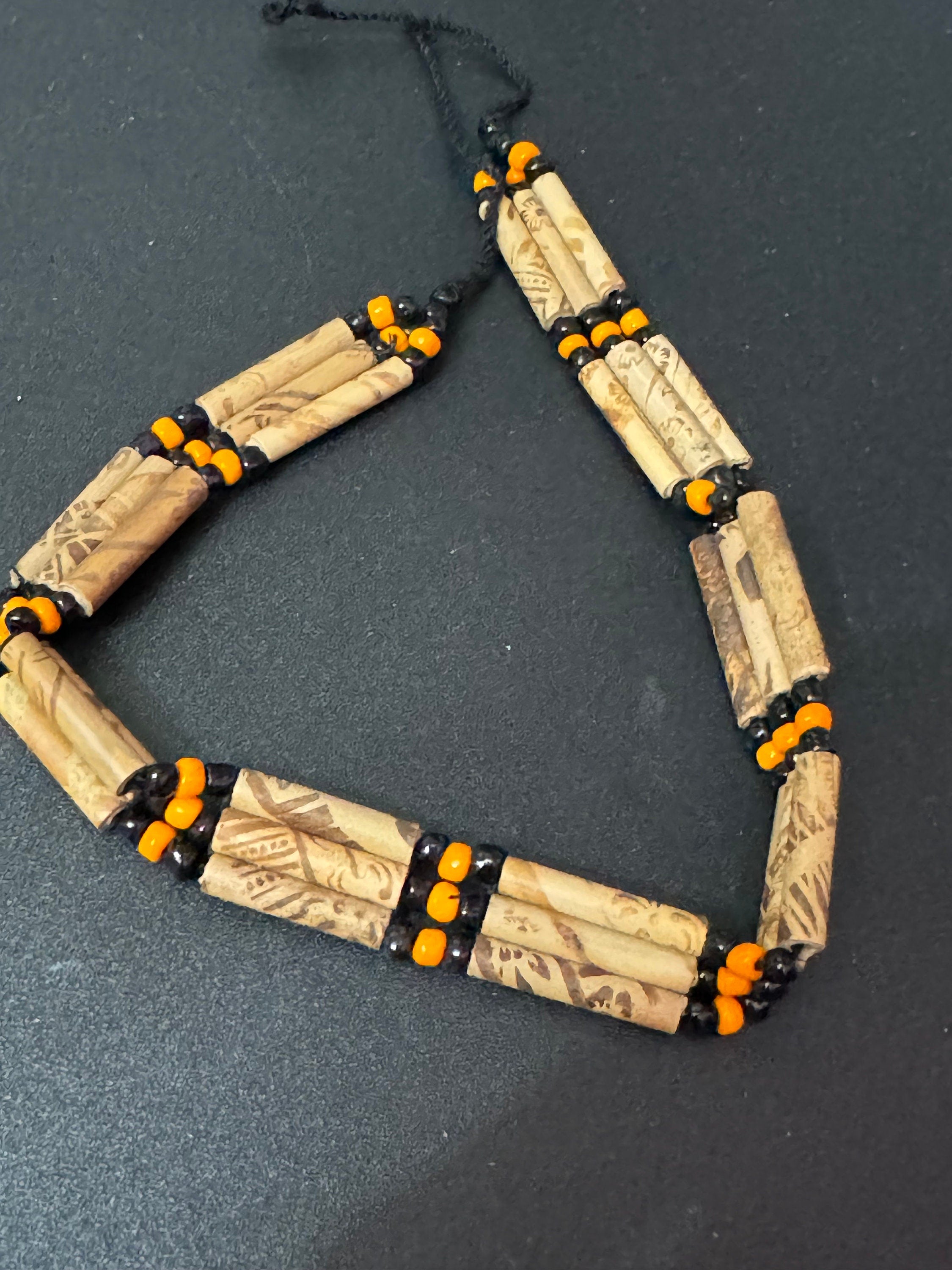 Boho Wooden Beaded Choker: Retro Orange & Black Tie Necklace
