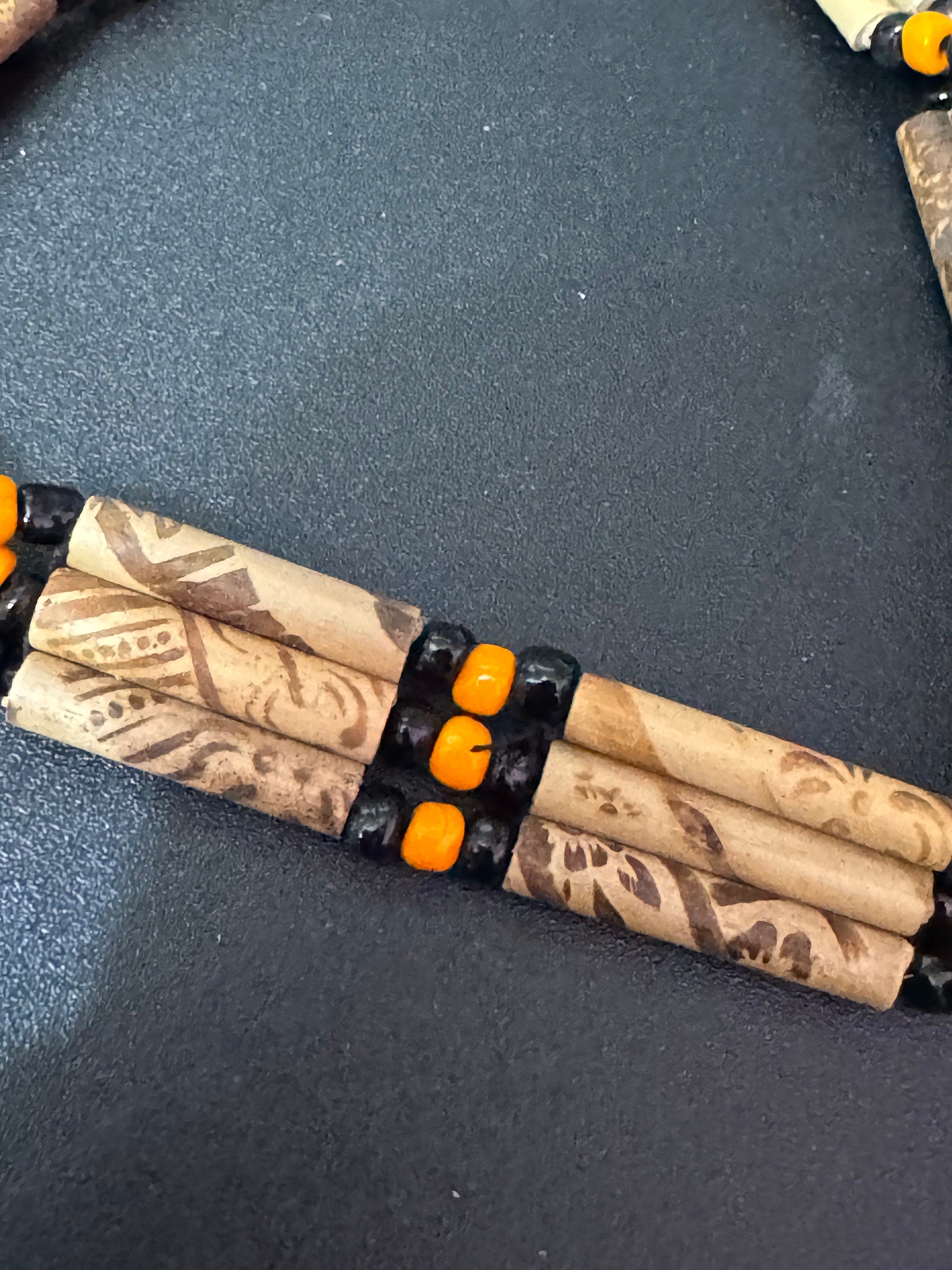 Boho Wooden Beaded Choker: Retro Orange & Black Tie Necklace
