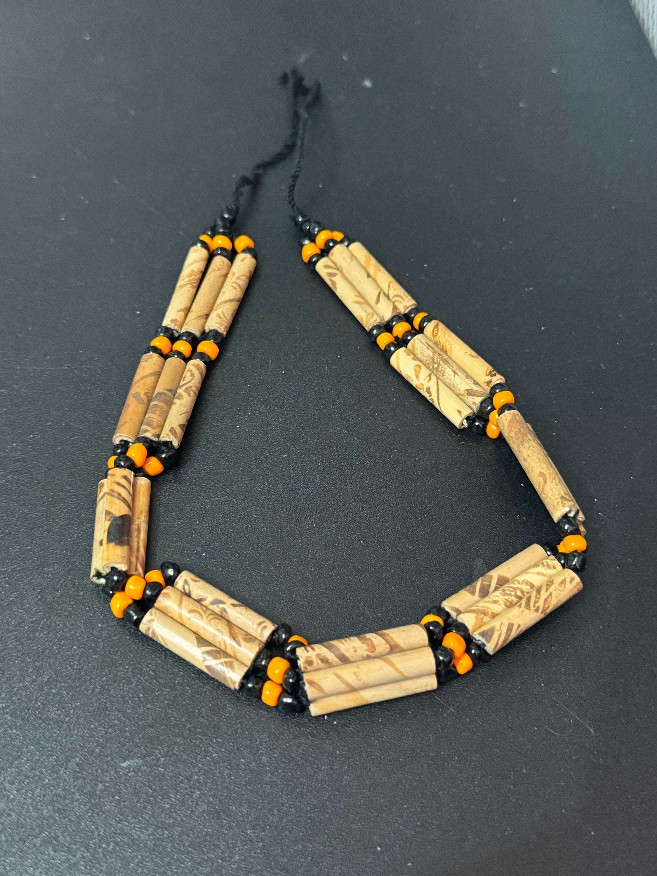 Boho Wooden Beaded Choker: Retro Orange & Black Tie Necklace