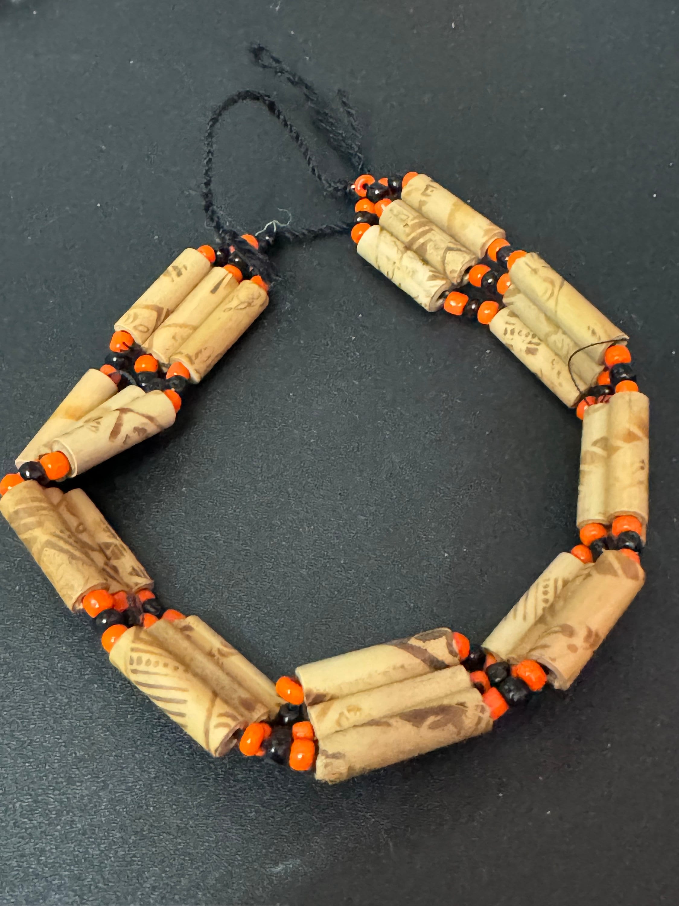 Boho Wooden Beaded Choker: Retro Orange & Black Tie Necklace