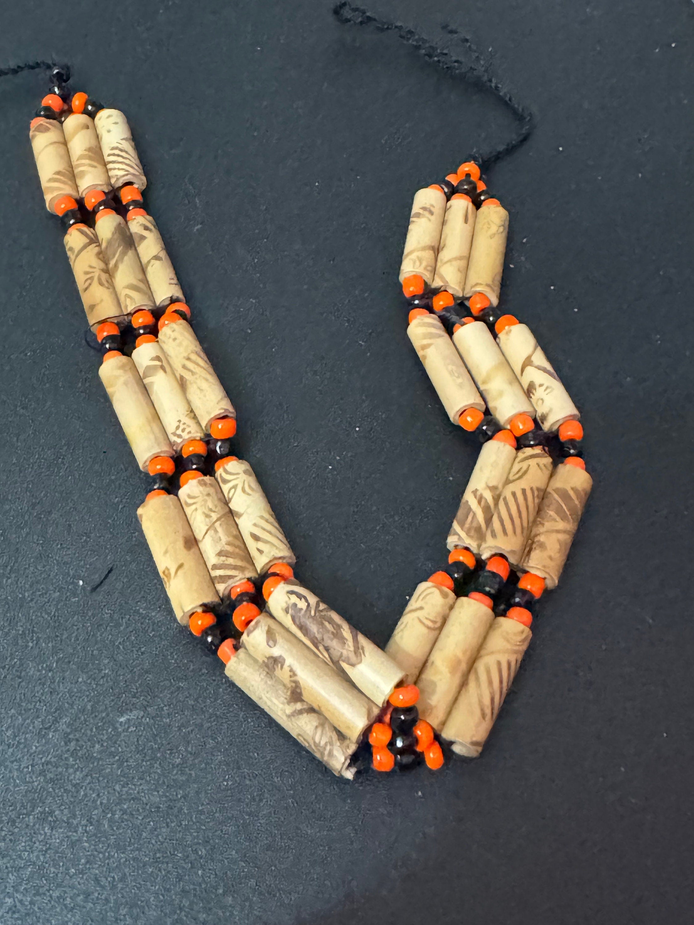 Boho Wooden Beaded Choker: Retro Orange & Black Tie Necklace