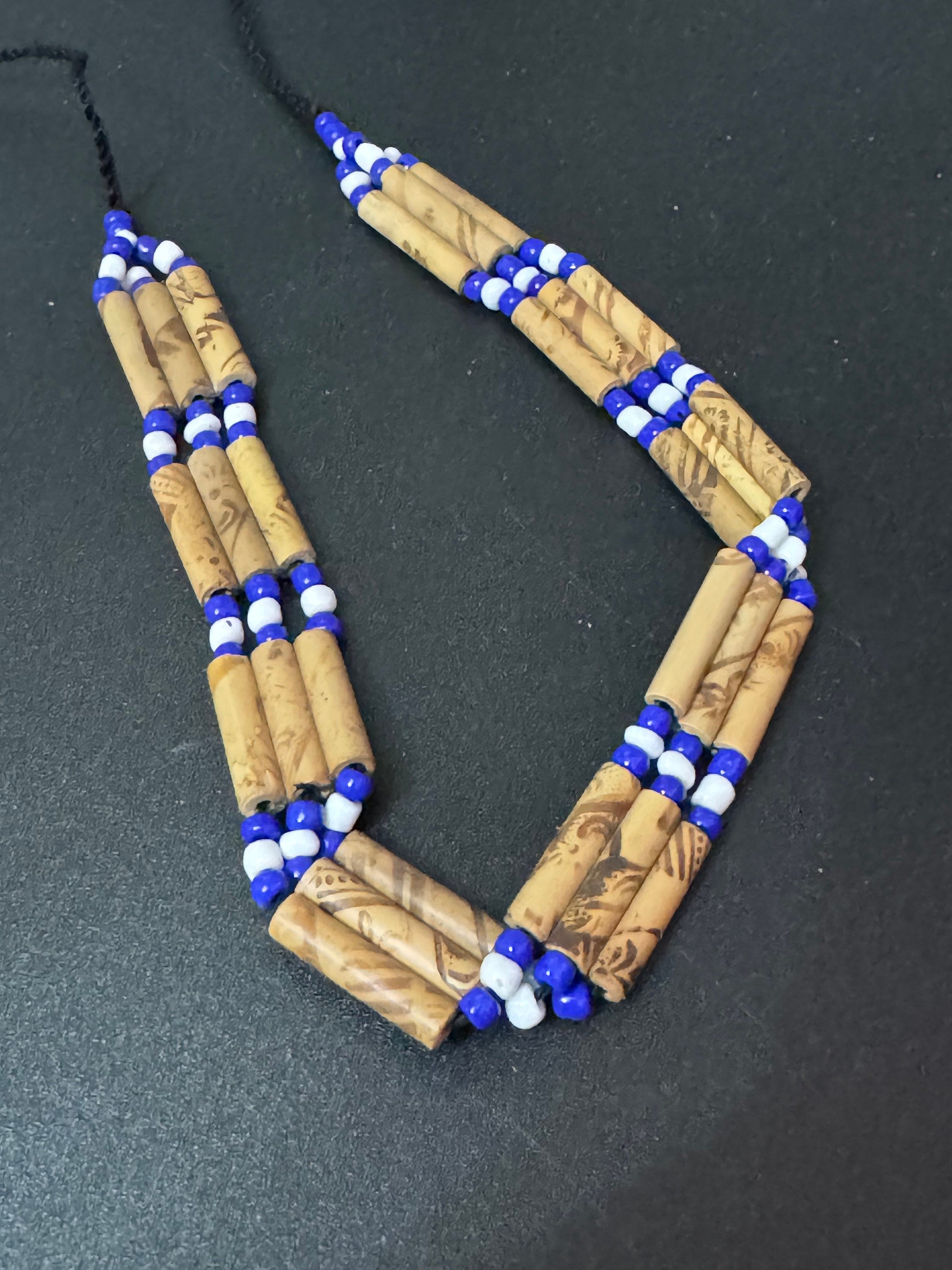 Boho Wooden Beaded Choker: Blue, White, and Black Tie Necklace