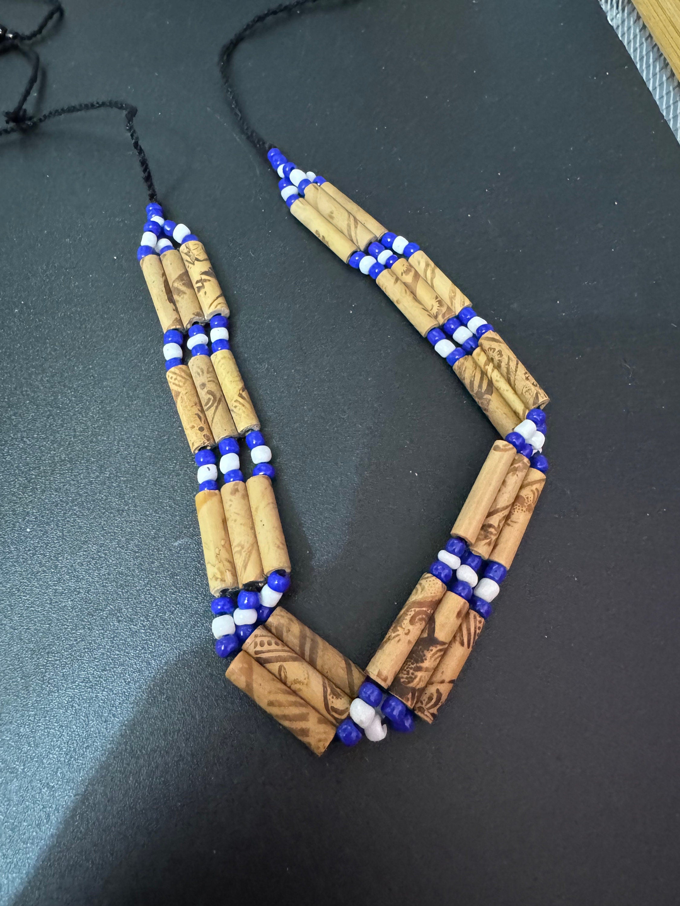 Boho Wooden Beaded Choker: Blue, White, and Black Tie Necklace