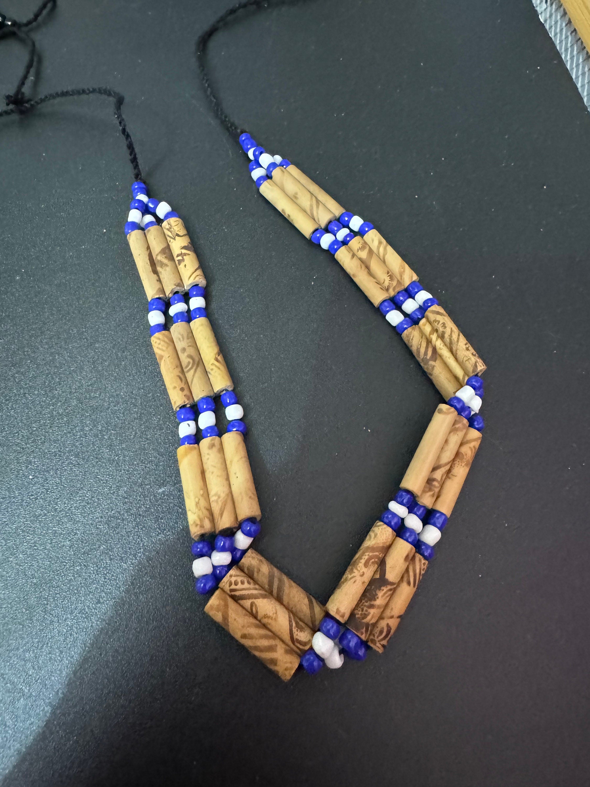 Boho Wooden Beaded Choker: Blue, White, and Black Tie Necklace
