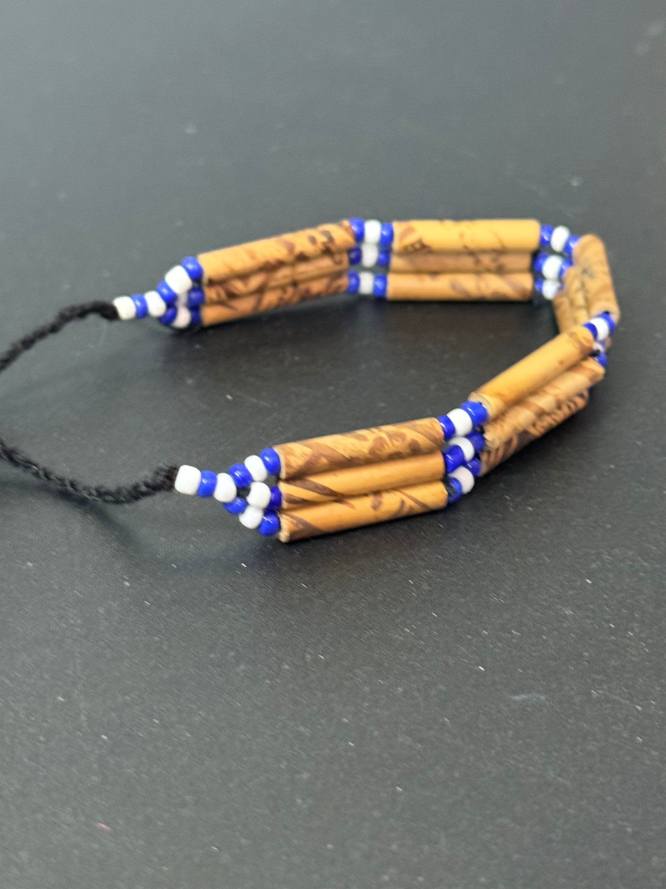 Boho Wooden Beaded Bracelet: Royal Blue & Black Tie Up Jewelry