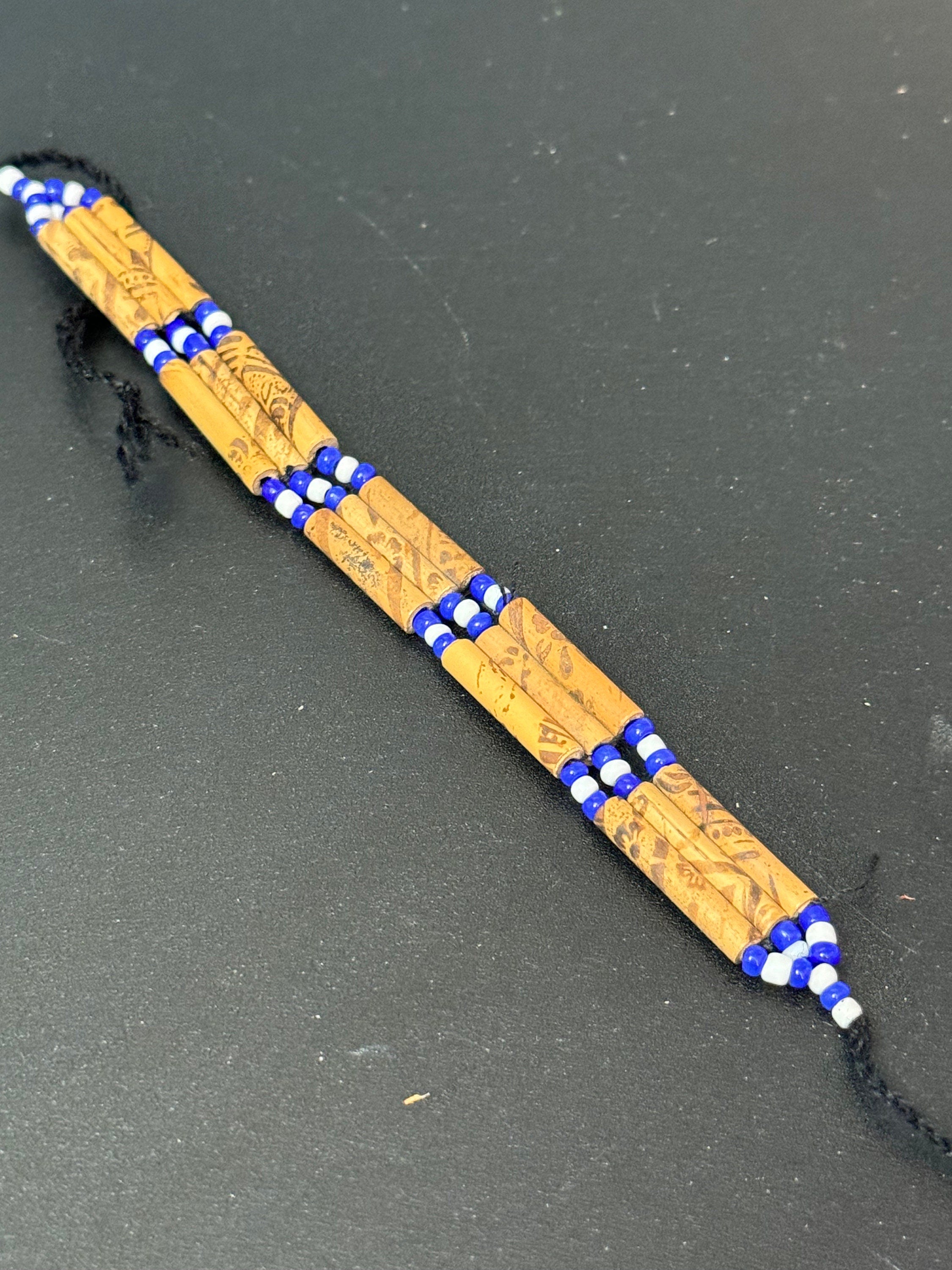 Boho Wooden Beaded Bracelet: Royal Blue & Black Tie Up Jewelry