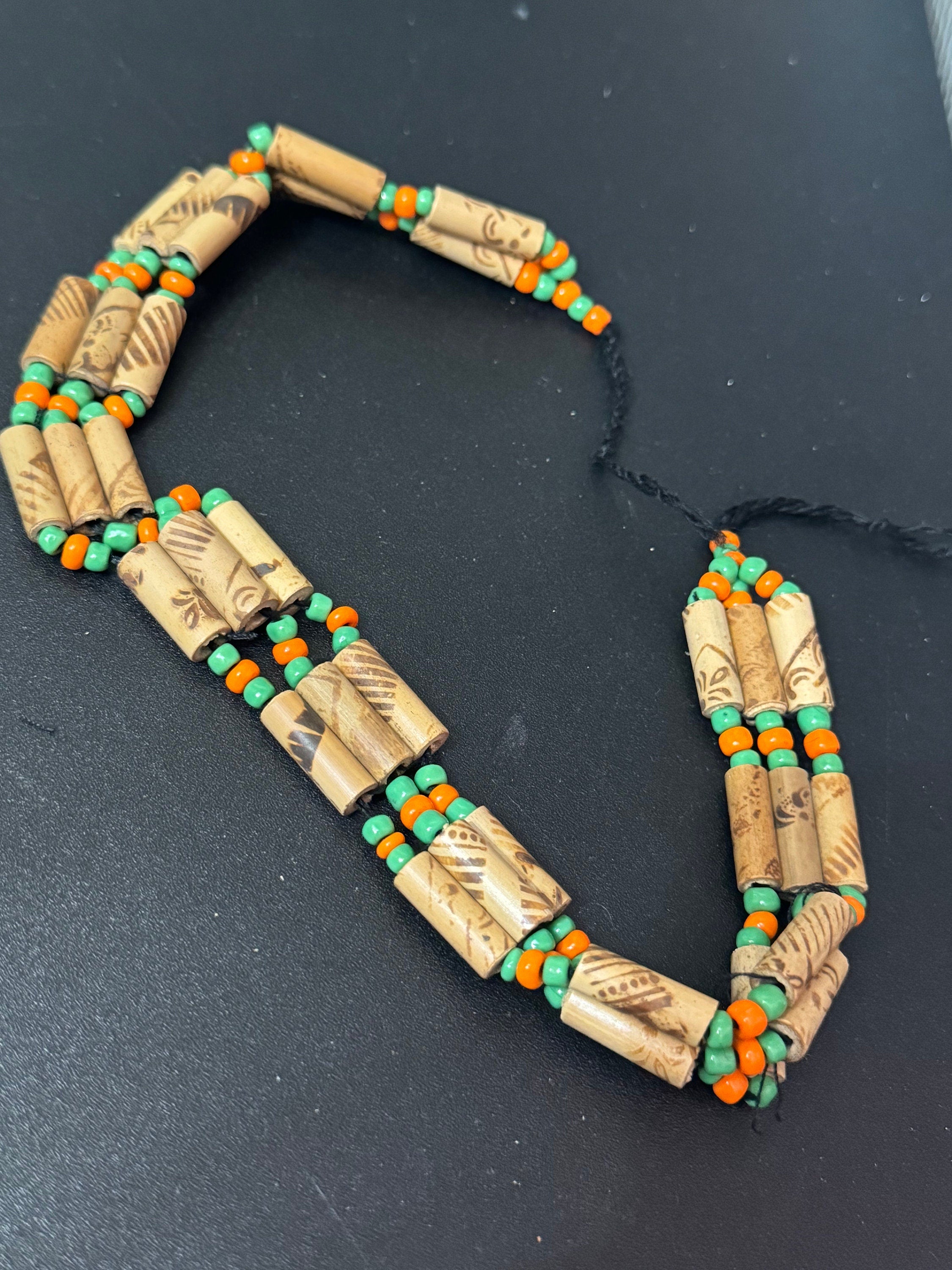 Boho Wooden Beaded Choker: Retro Orange & Green Tie Necklace