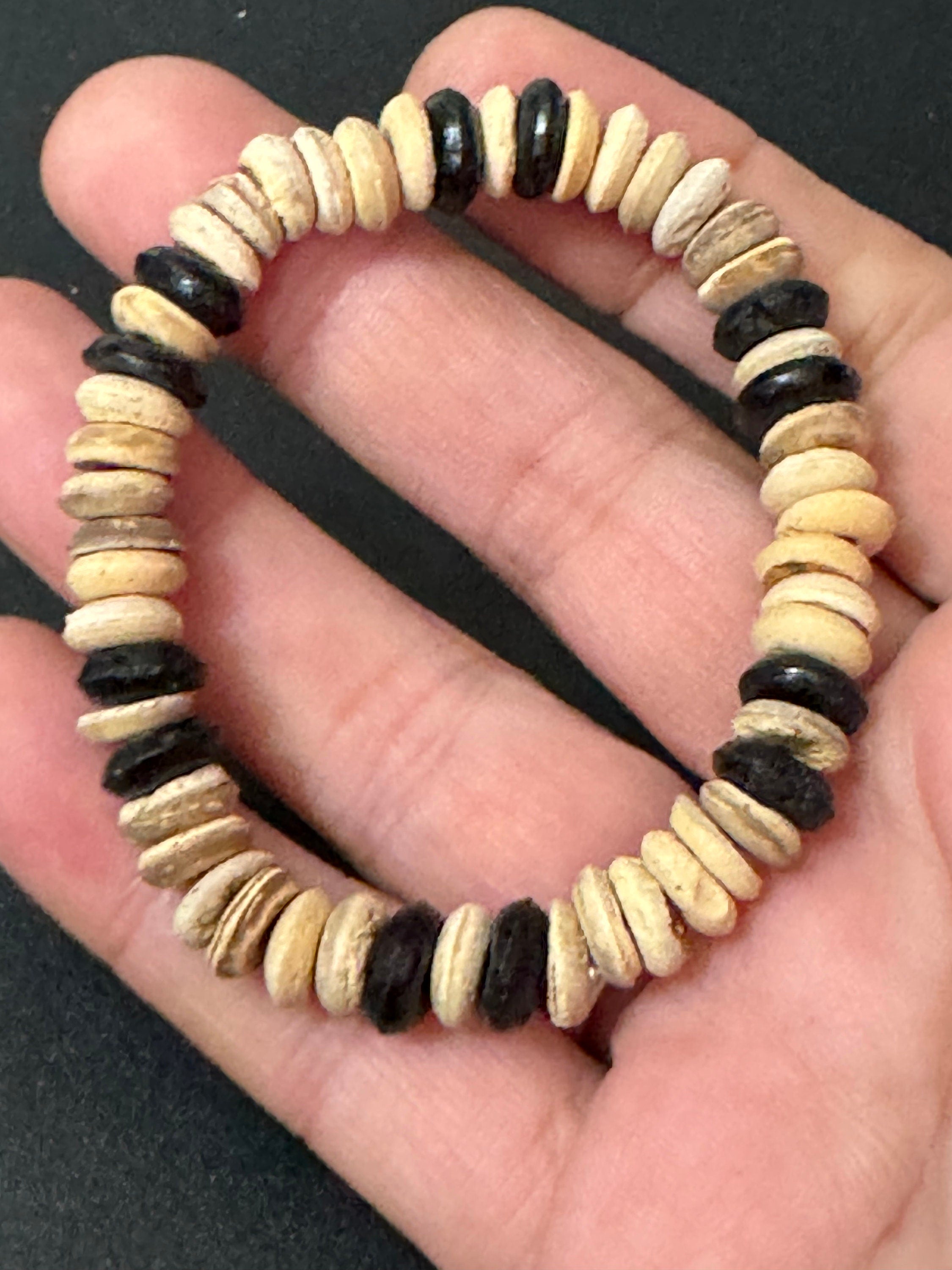 Boho Wood & Nut Beaded Stretch Bracelet, Unisex Beach Jewellery