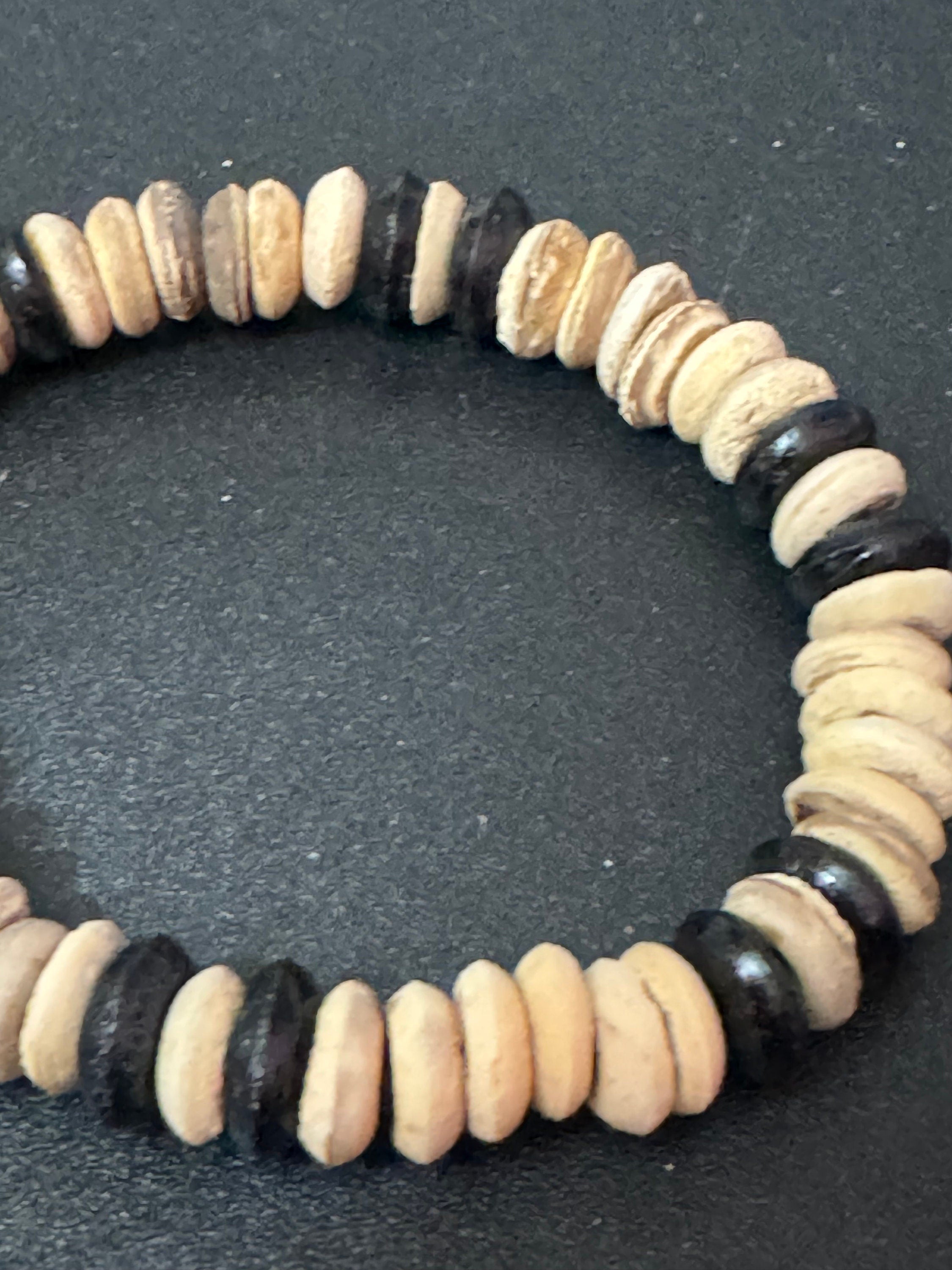 Boho Wood & Nut Beaded Stretch Bracelet, Unisex Beach Jewellery