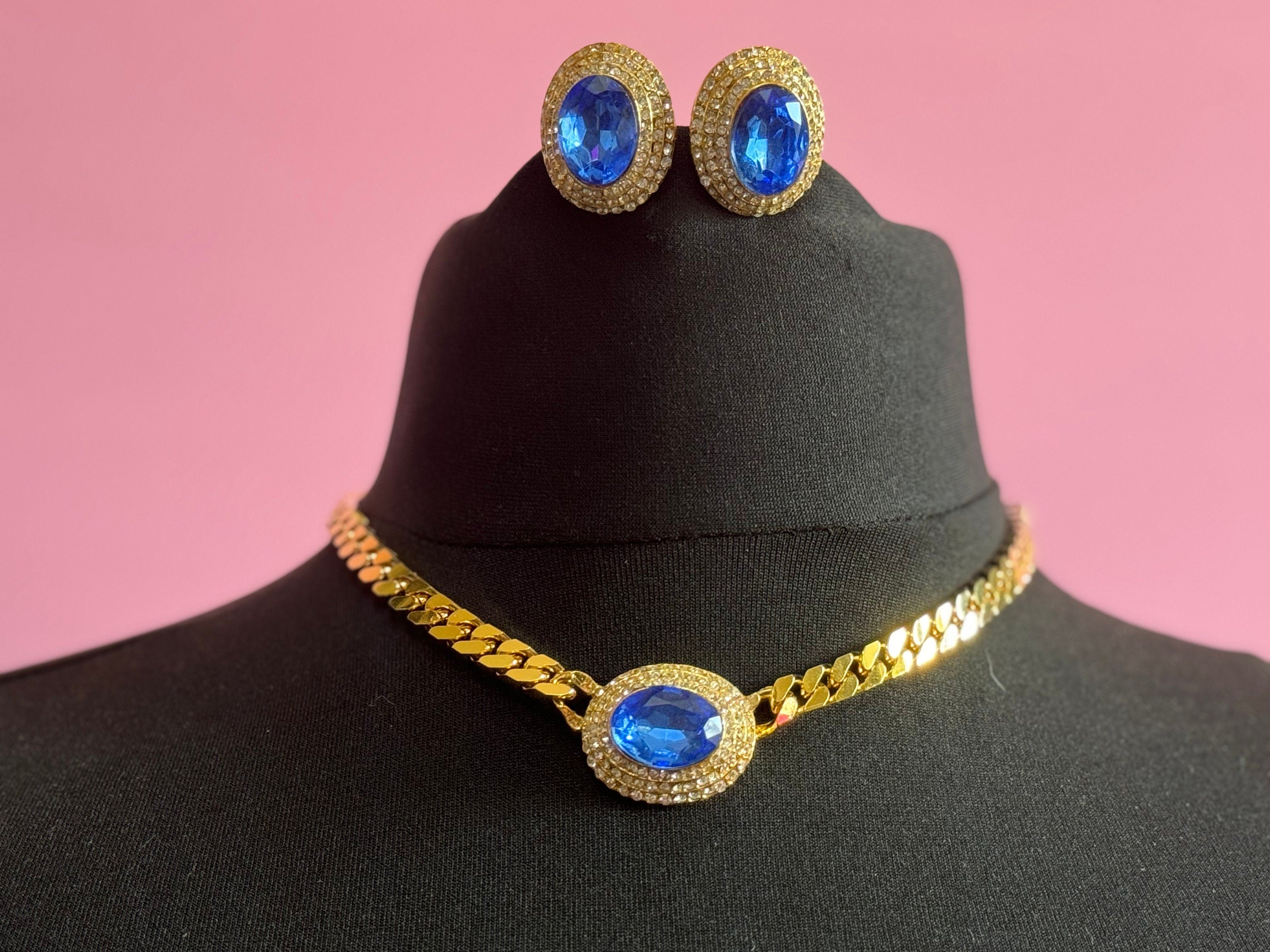 Vintage Swarovski Crystal Jewelry Set: Sapphire Blue Gold Tone Necklace & Clip On Earrings