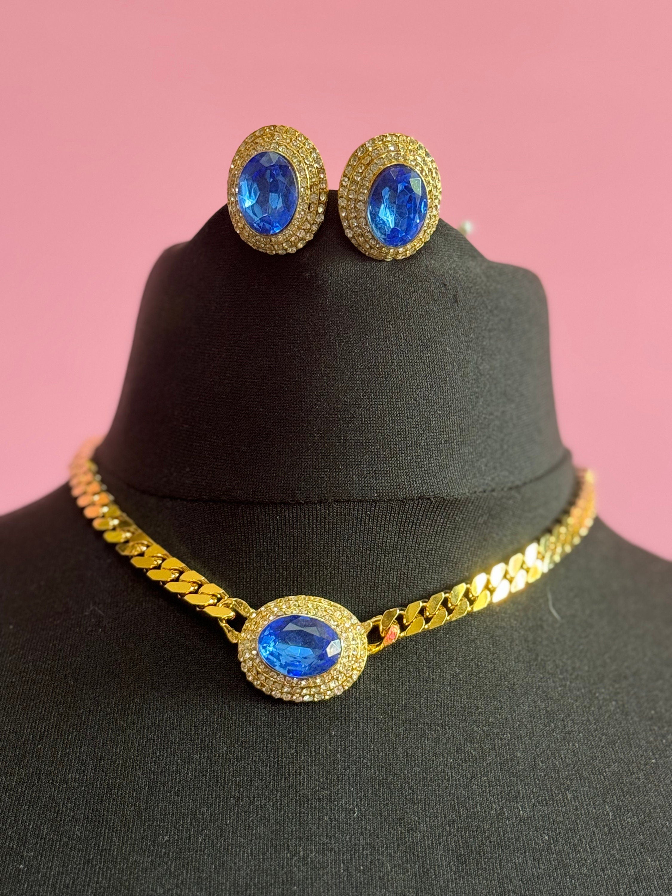 Vintage Swarovski Crystal Jewelry Set: Sapphire Blue Gold Tone Necklace & Clip On Earrings