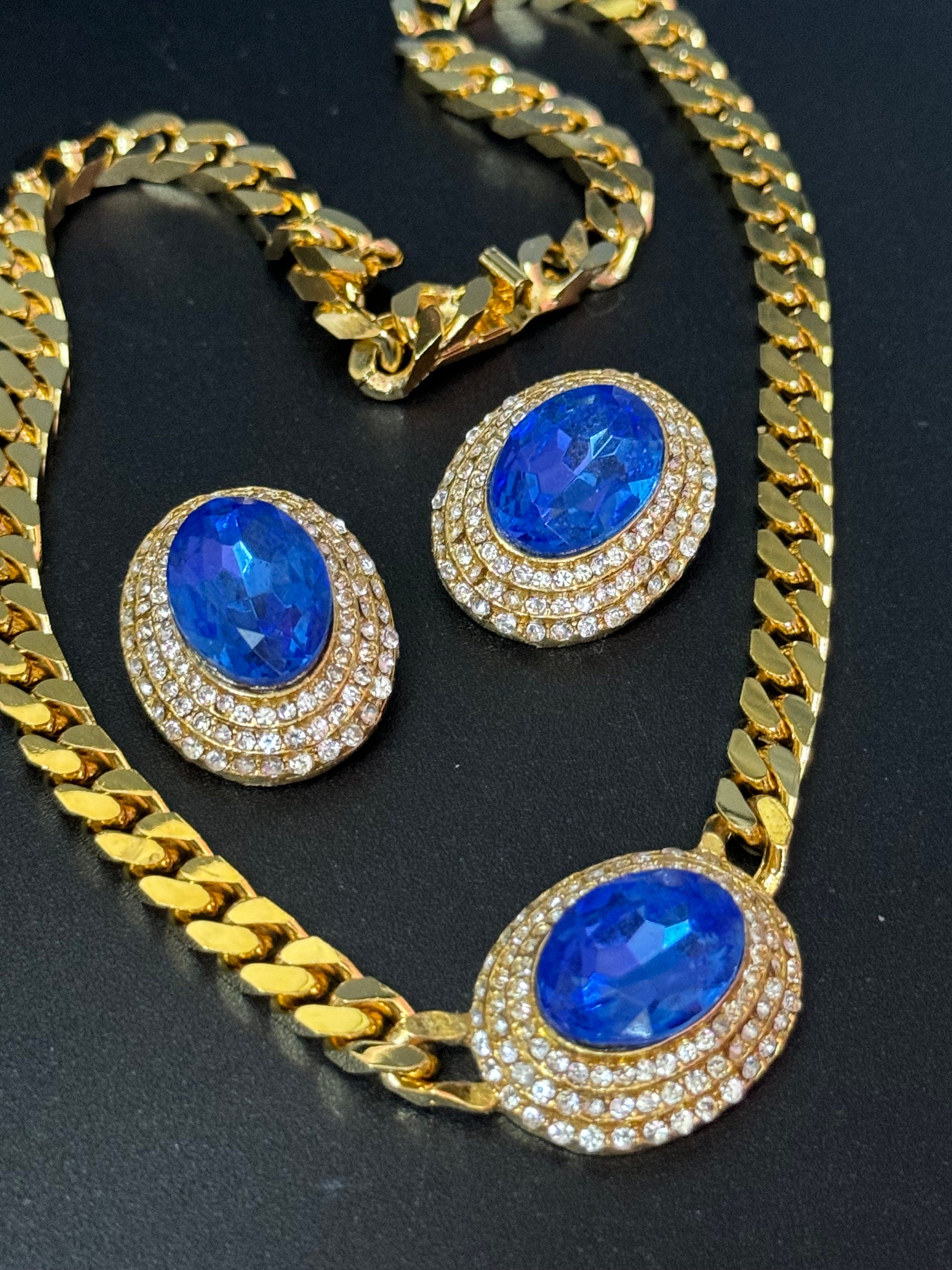 Vintage Swarovski Crystal Jewelry Set: Sapphire Blue Gold Tone Necklace & Clip On Earrings