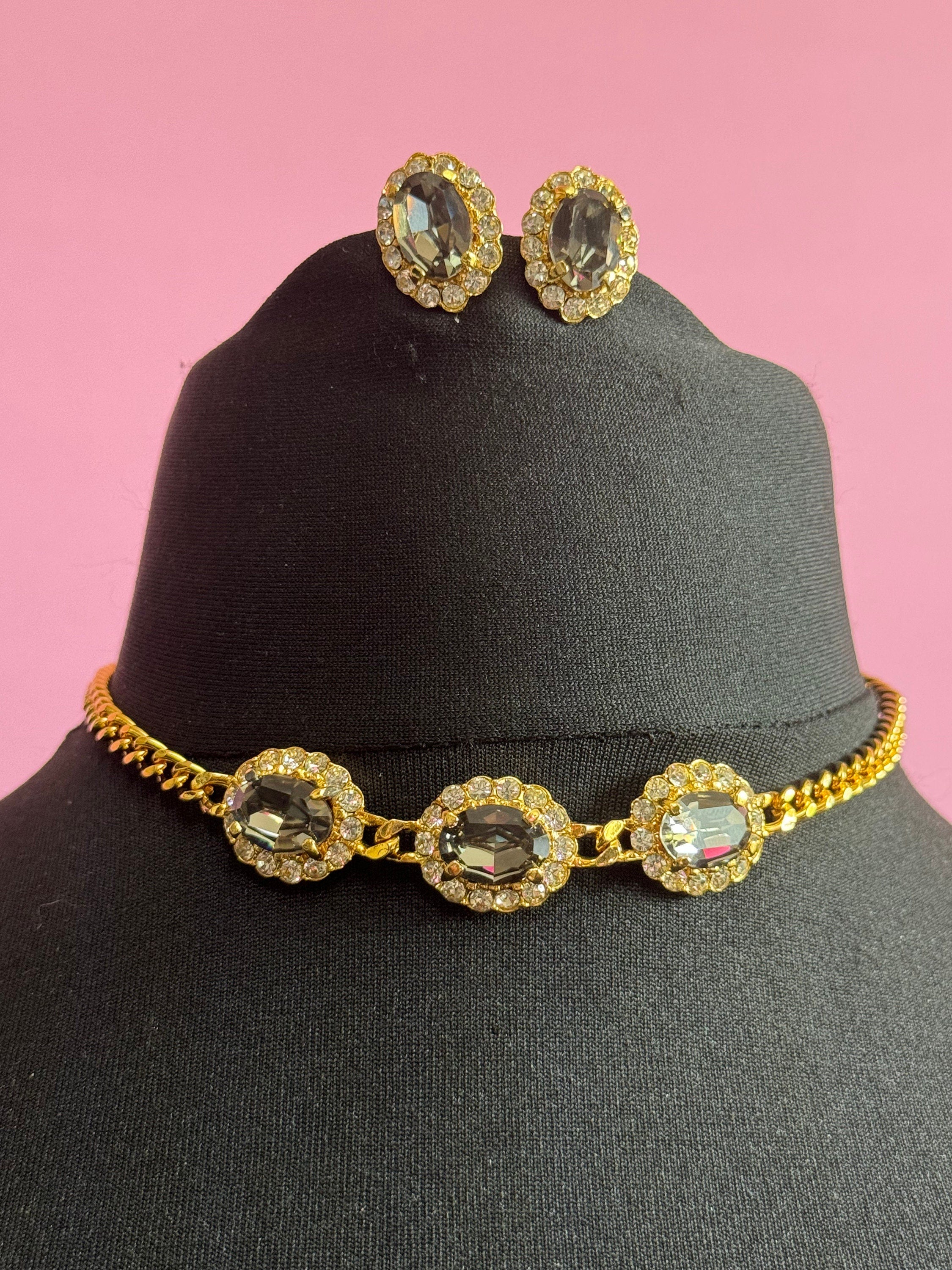 Vintage Swarovski Crystal Necklace & Clip On Earrings Set