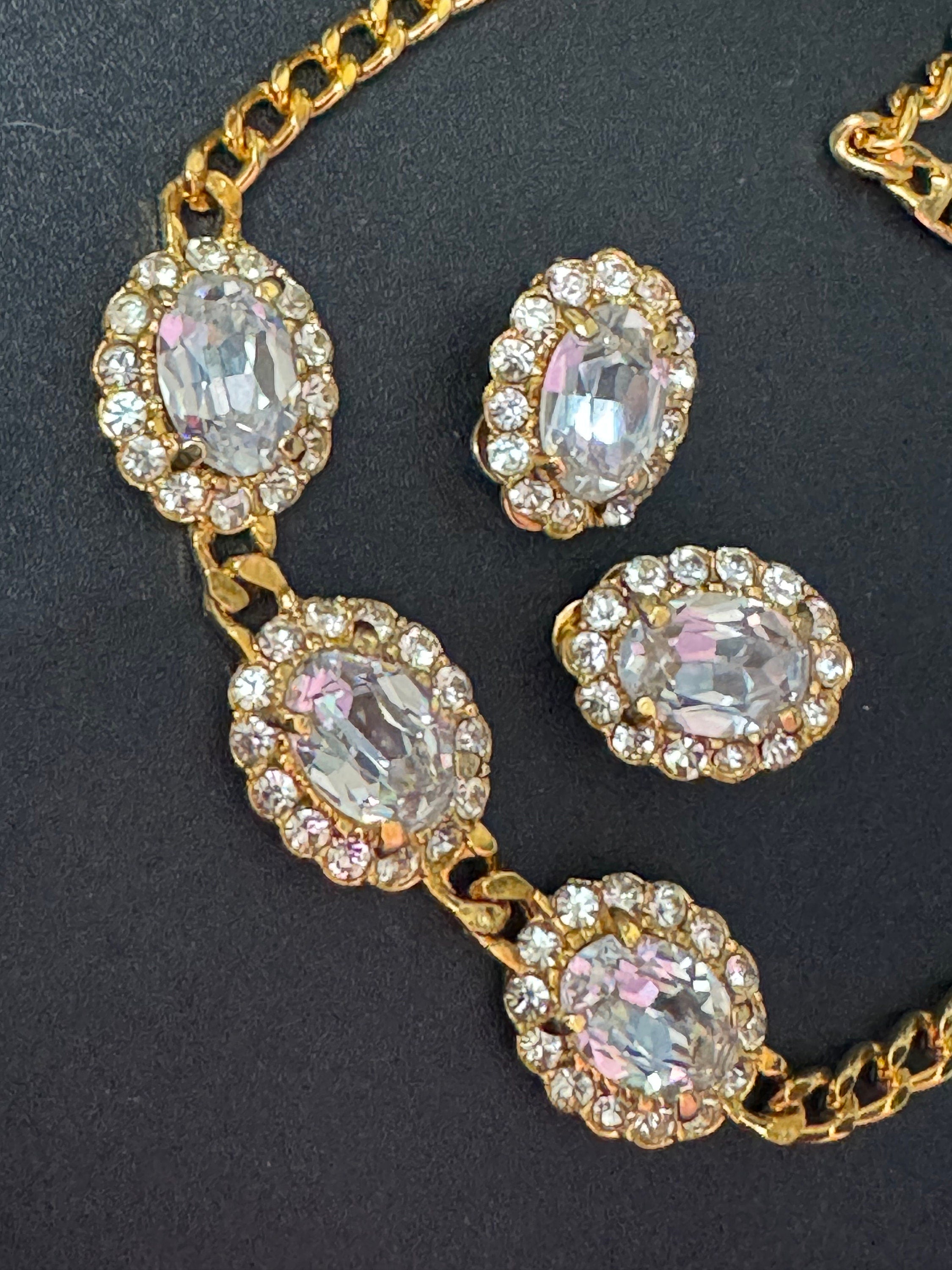 Vintage clear genuine Swarovski crystal oval detailing gold tone necklace and clip on earrings jewellery set old shop stock
