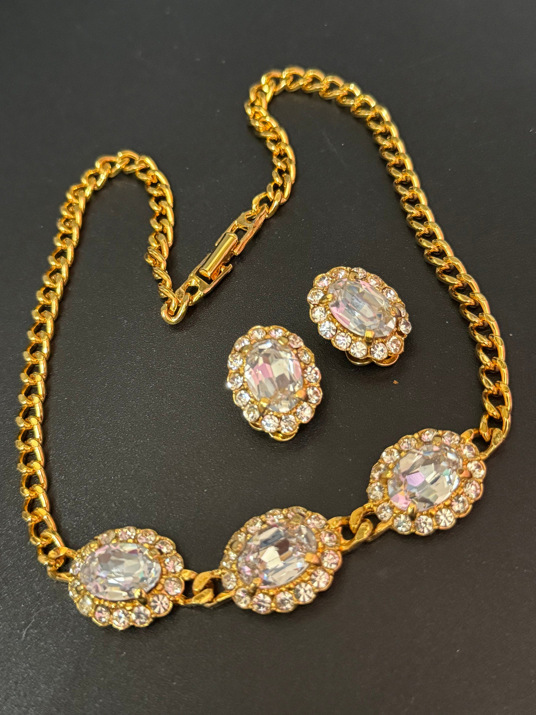Vintage clear genuine Swarovski crystal oval detailing gold tone necklace and clip on earrings jewellery set old shop stock