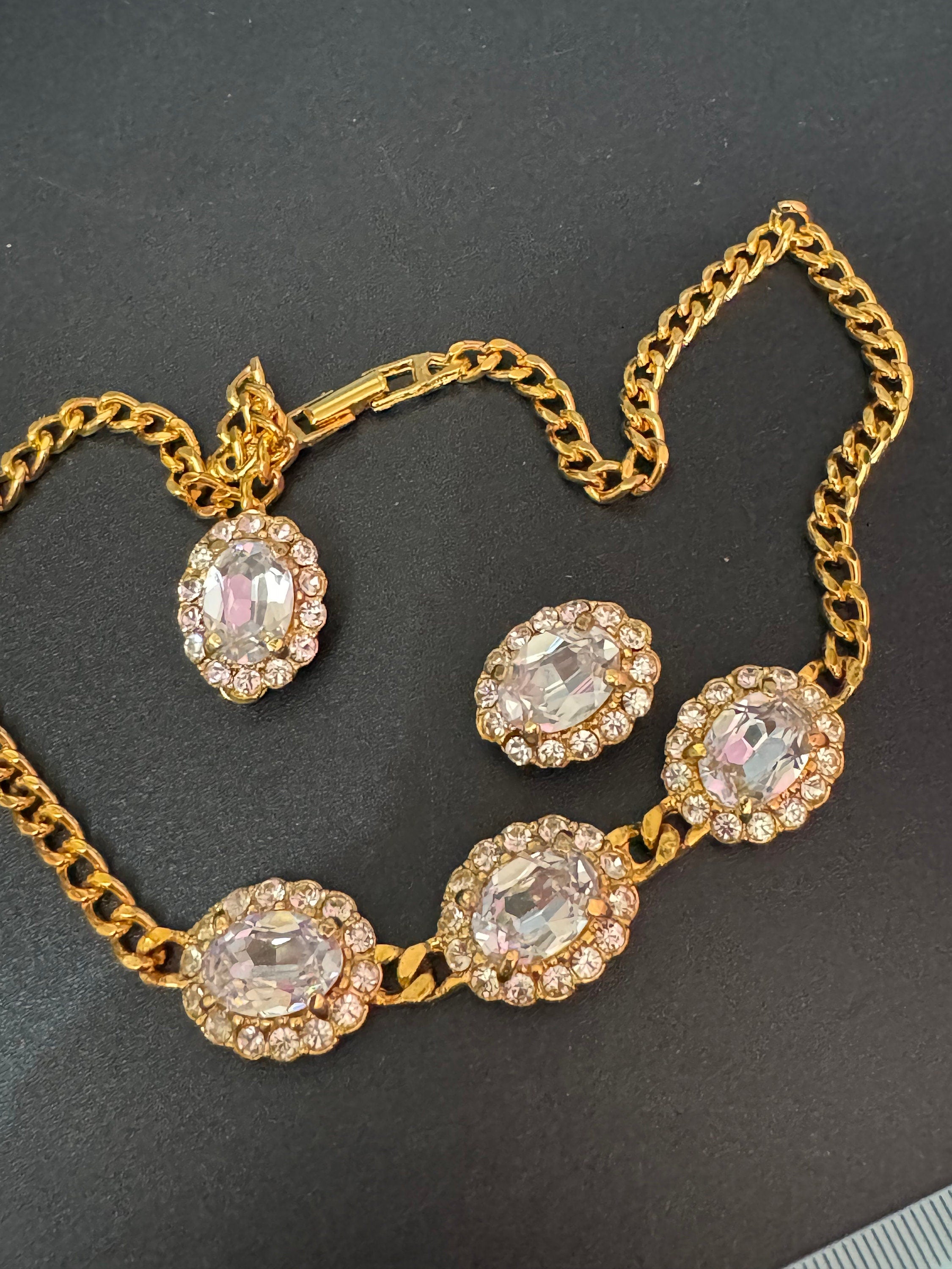 Vintage clear genuine Swarovski crystal oval detailing gold tone necklace and clip on earrings jewellery set old shop stock