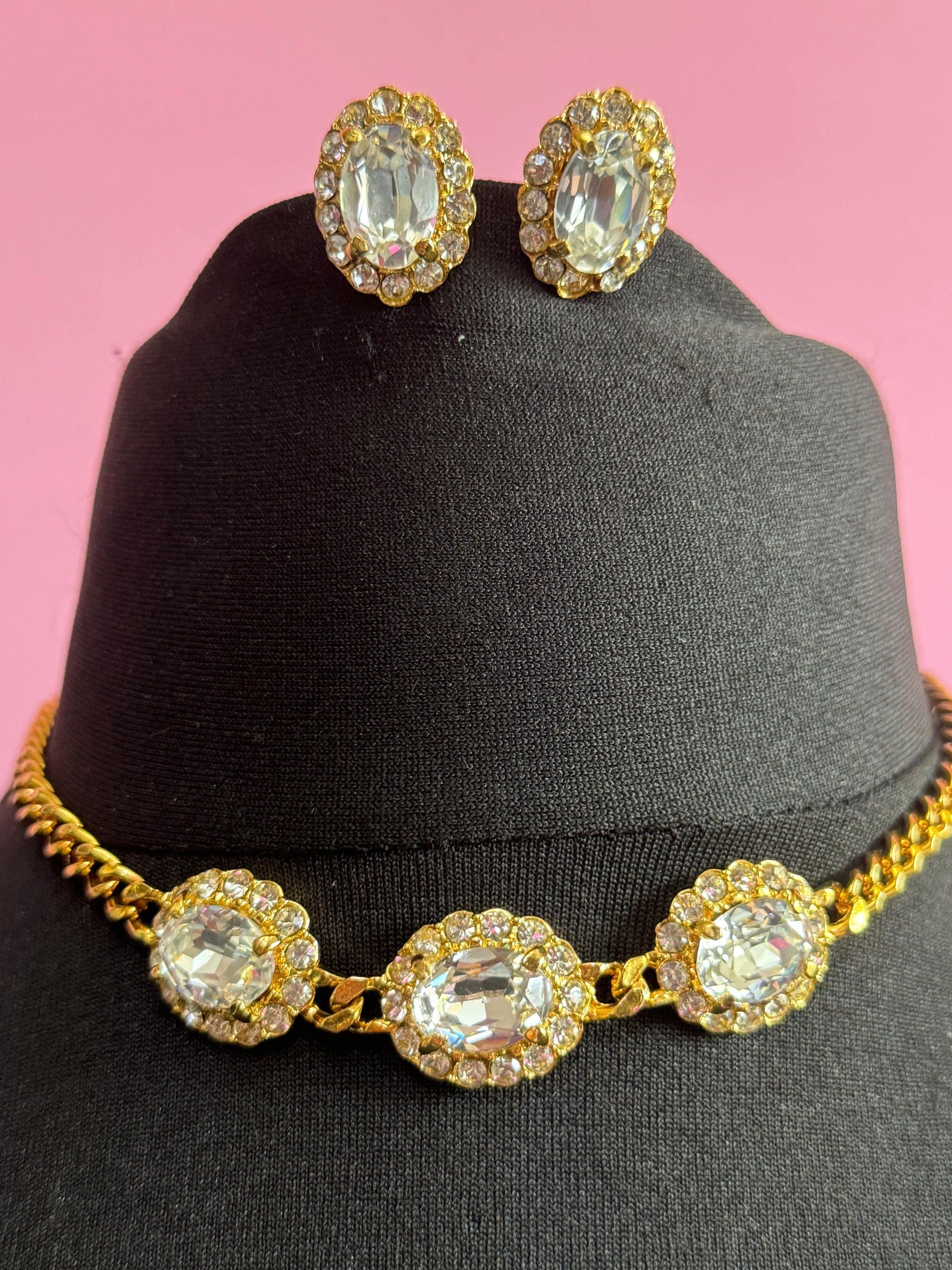 Vintage clear genuine Swarovski crystal oval detailing gold tone necklace and clip on earrings jewellery set old shop stock
