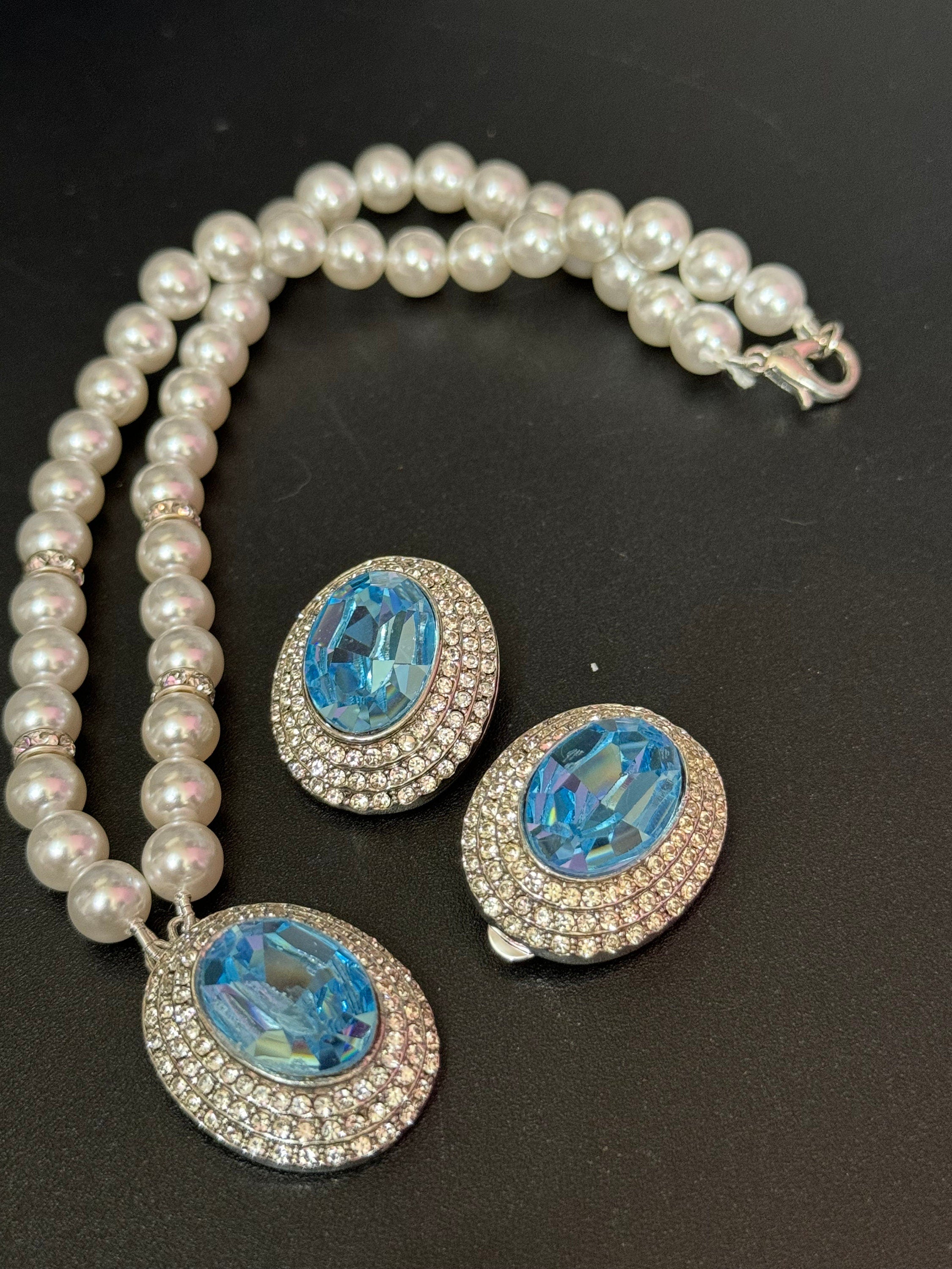 Vintage light sapphire blue oval clear Swarovski crystal silver tone faux acrylic pearl necklace and matching clip on earrings jewellery set