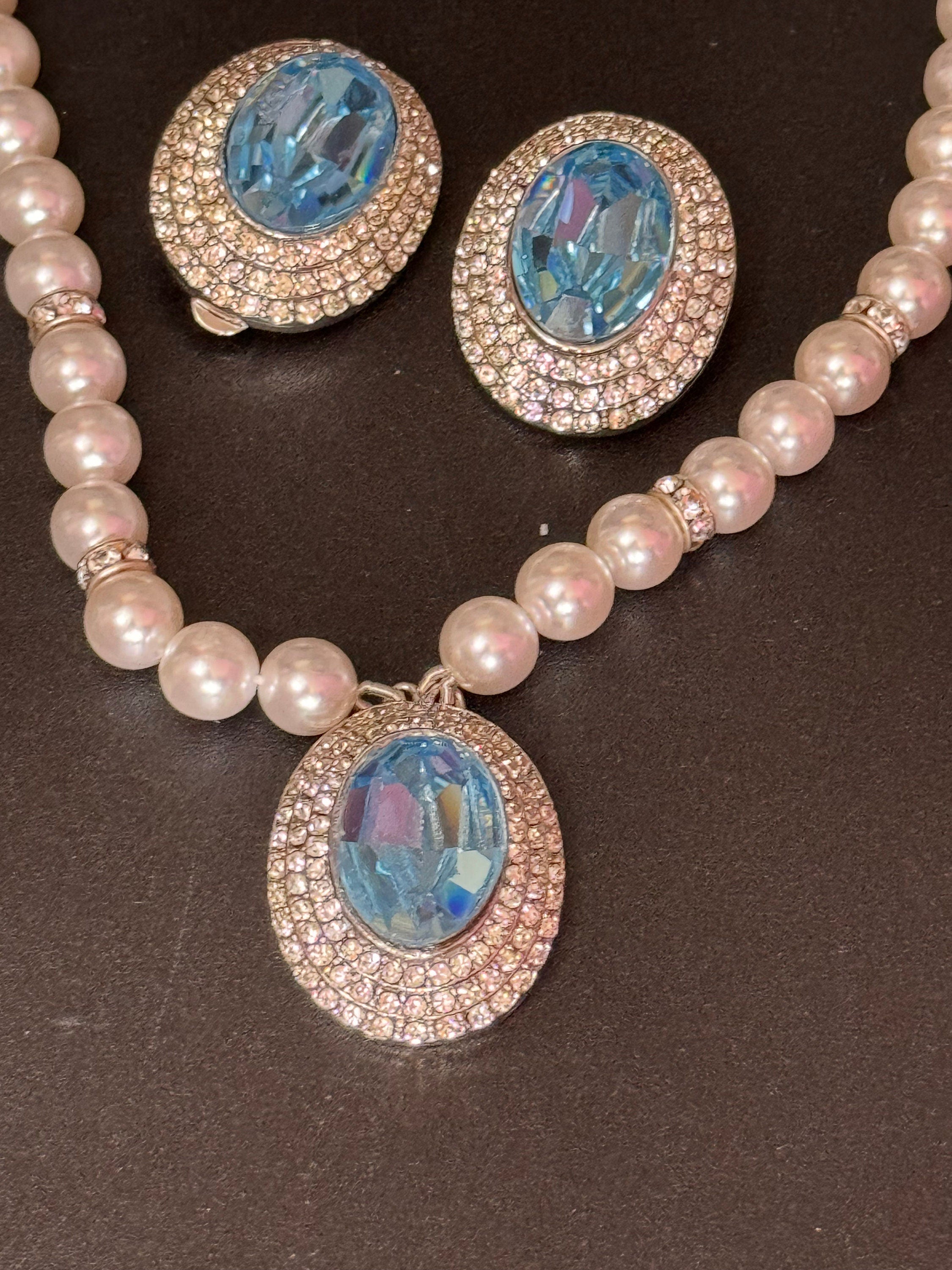 Vintage light sapphire blue oval clear Swarovski crystal silver tone faux acrylic pearl necklace and matching clip on earrings jewellery set