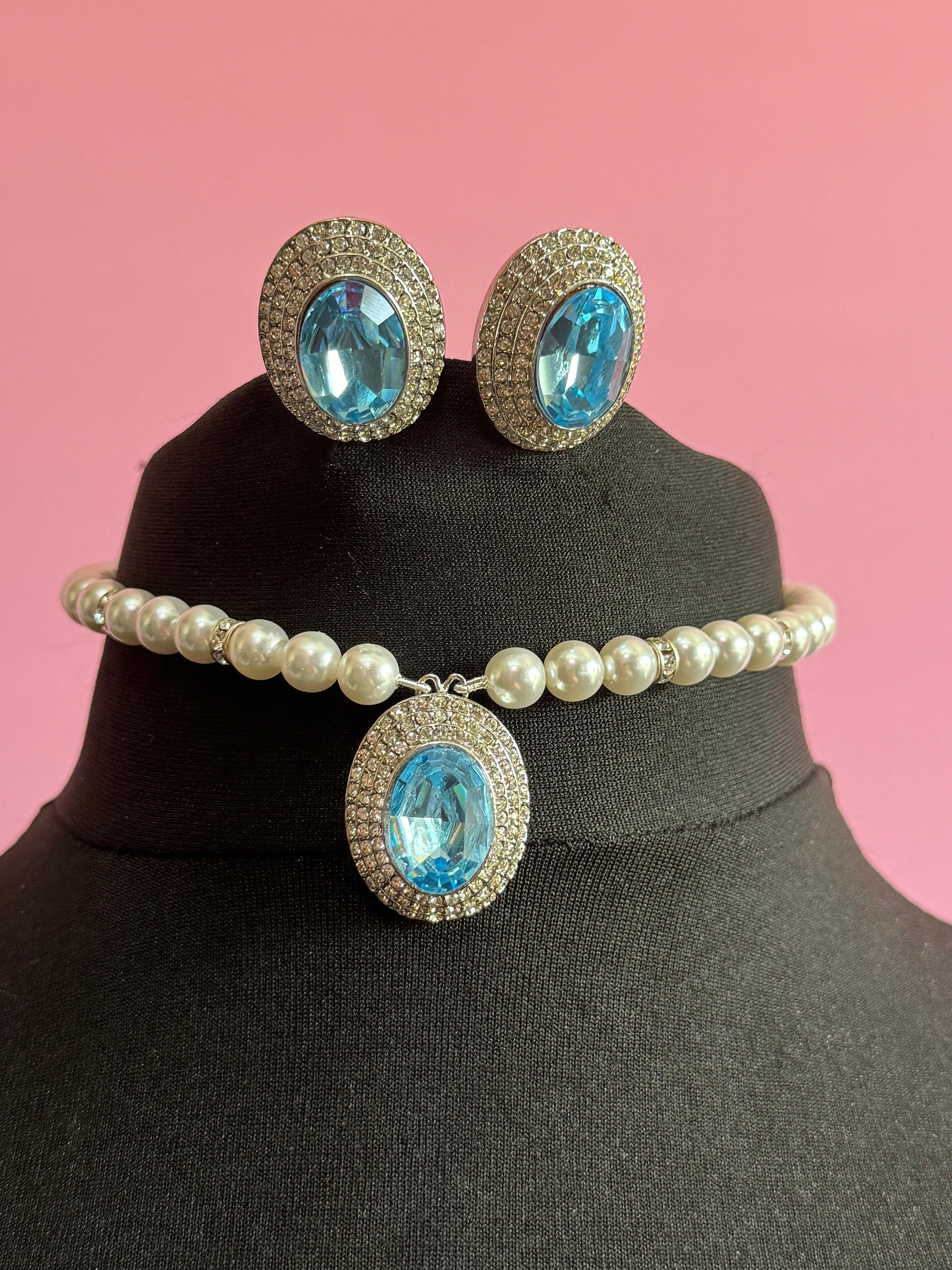 Vintage light sapphire blue oval clear Swarovski crystal silver tone faux acrylic pearl necklace and matching clip on earrings jewellery set