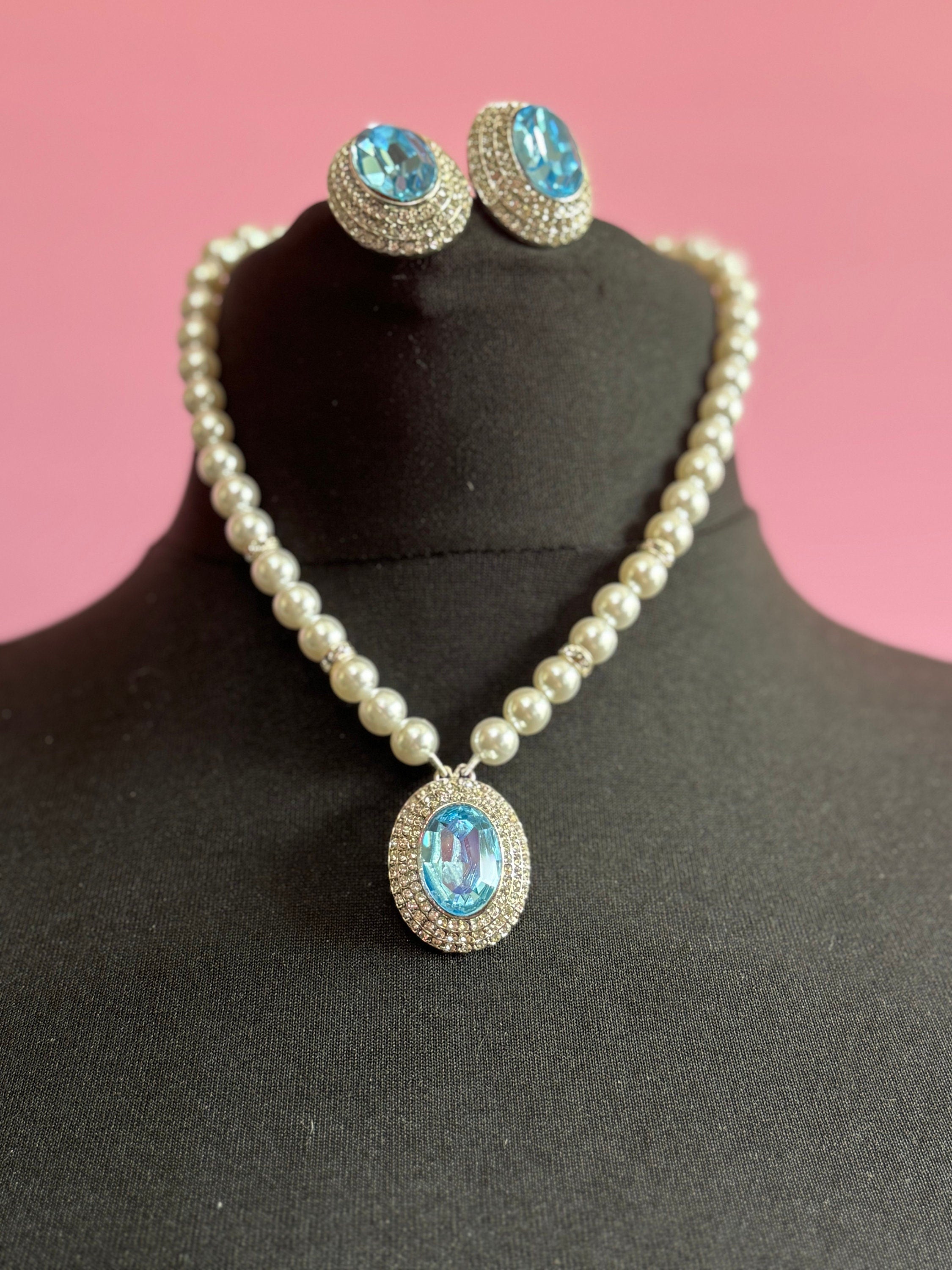 Vintage light sapphire blue oval clear Swarovski crystal silver tone faux acrylic pearl necklace and matching clip on earrings jewellery set