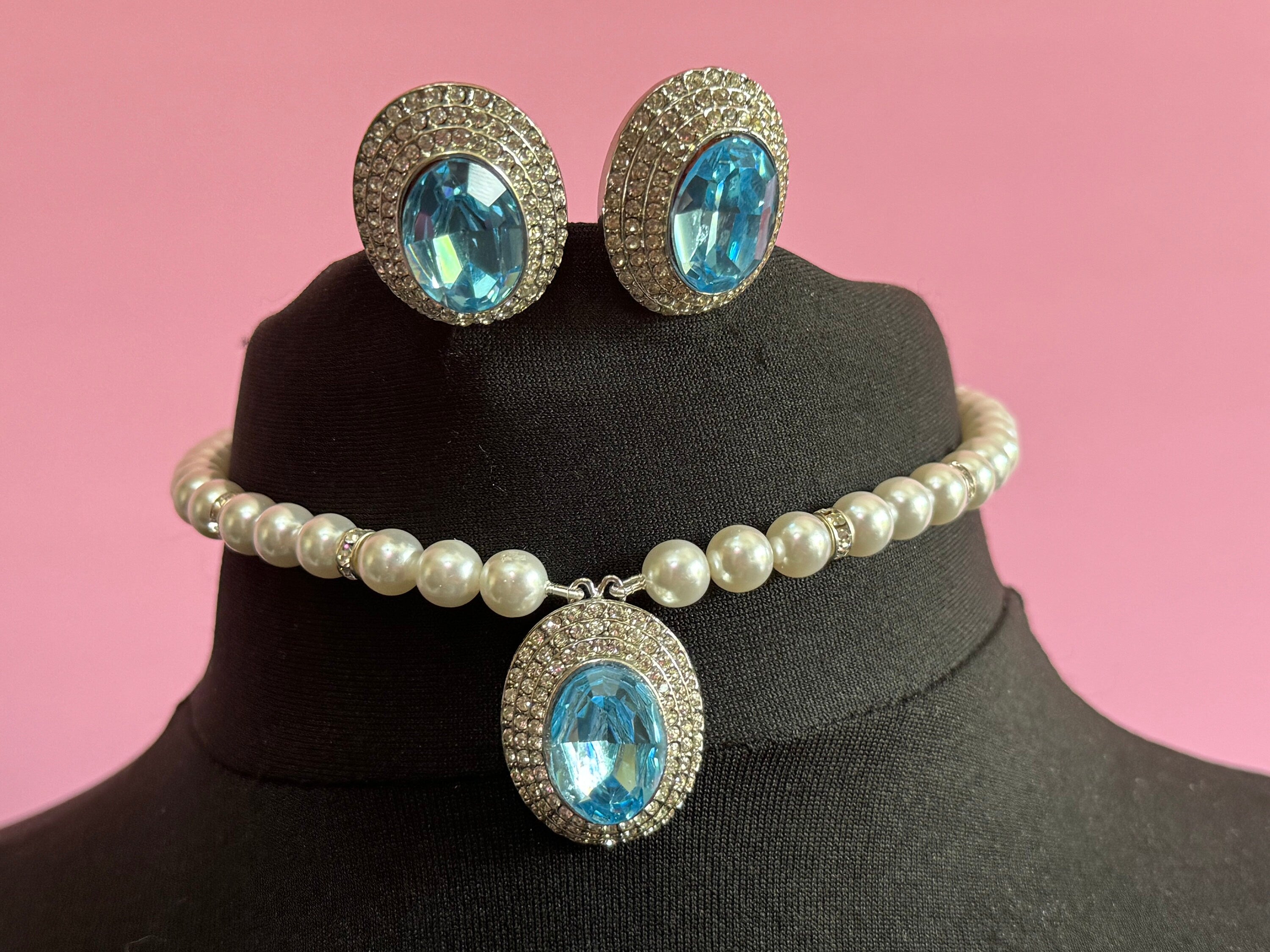Vintage light sapphire blue oval clear Swarovski crystal silver tone faux acrylic pearl necklace and matching clip on earrings jewellery set
