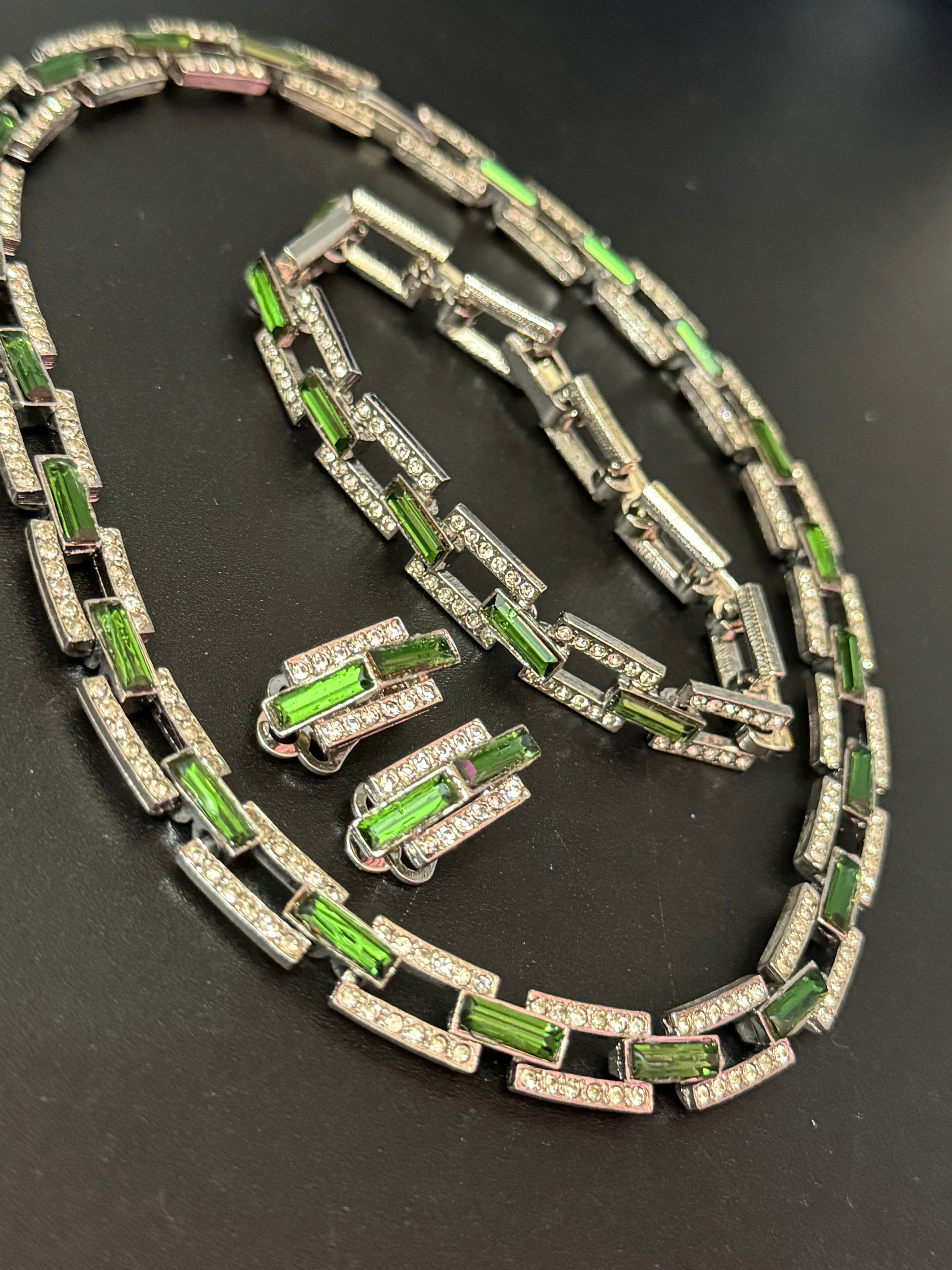 Vintage emerald green tourmaline clear genuine Swarovski baguette crystal silver tone geometric necklace bracelet & clip on earrings set
