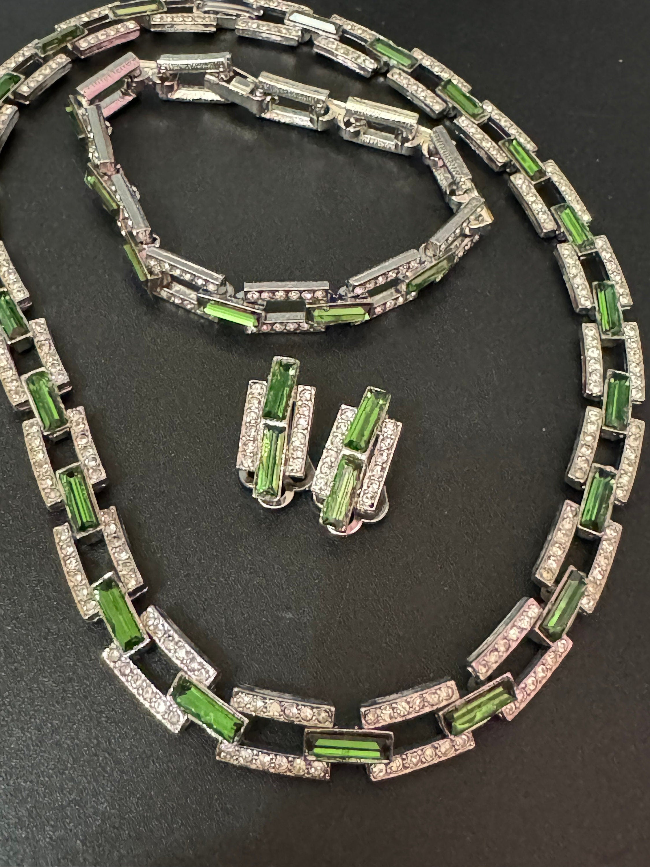 Vintage emerald green tourmaline clear genuine Swarovski baguette crystal silver tone geometric necklace bracelet & clip on earrings set