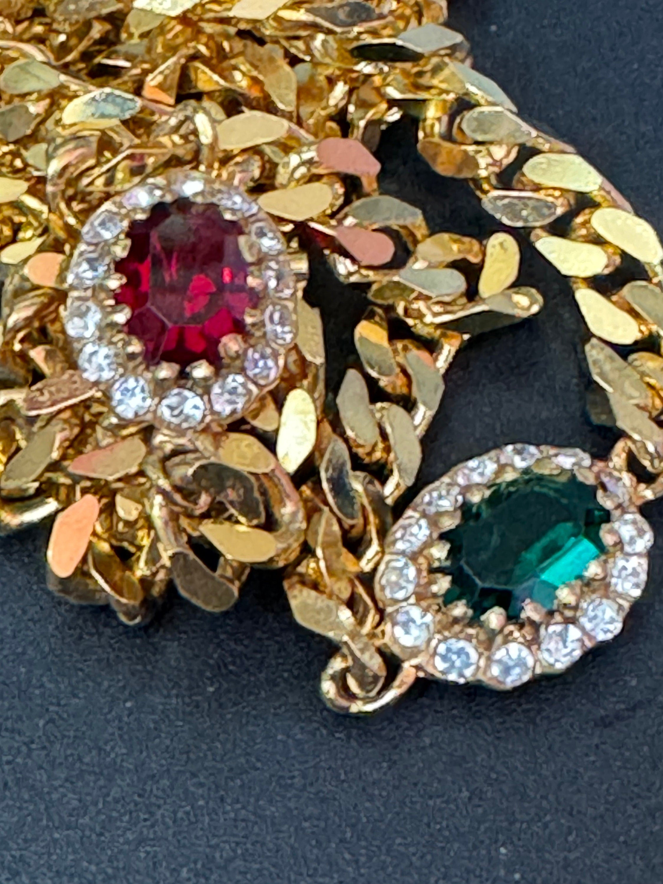 Vintage Swarovski Crystal Station Necklace: Emerald Green, Ruby, Gold Tone Chain