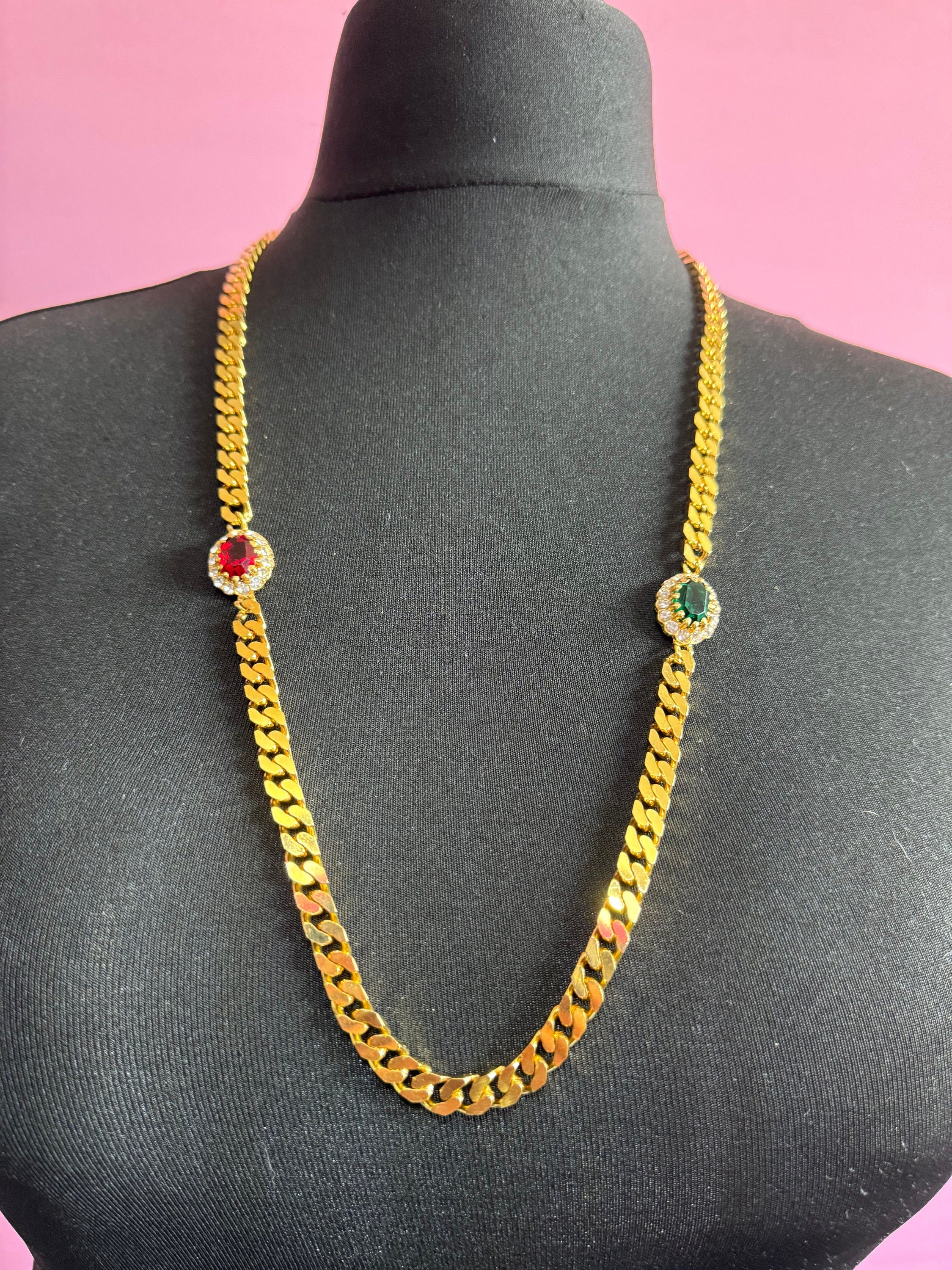 Vintage Swarovski Crystal Station Necklace: Emerald Green, Ruby, Gold Tone Chain