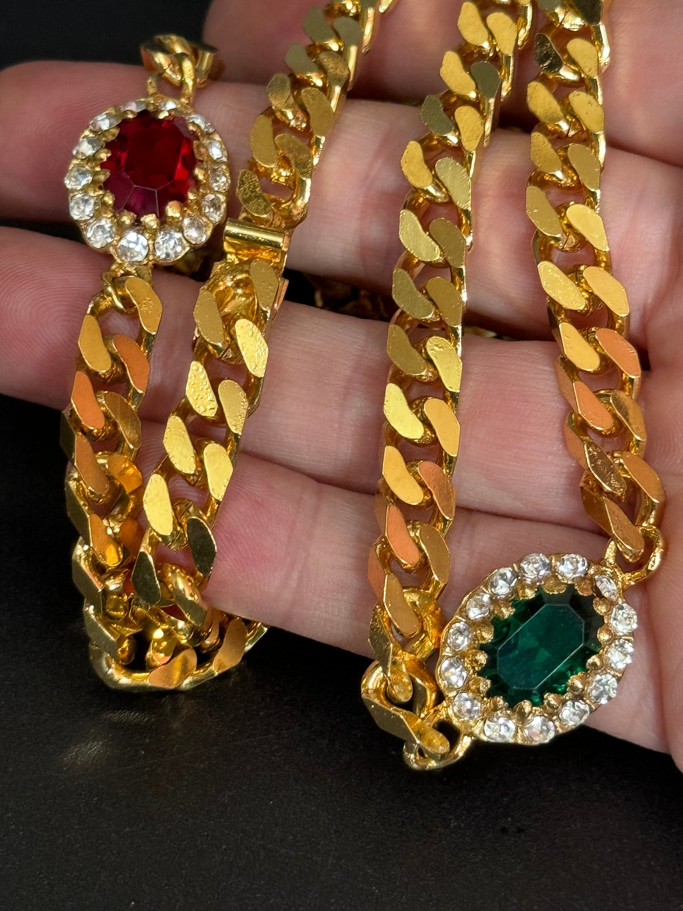 Vintage Swarovski Crystal Station Necklace: Emerald Green, Ruby, Gold Tone Chain