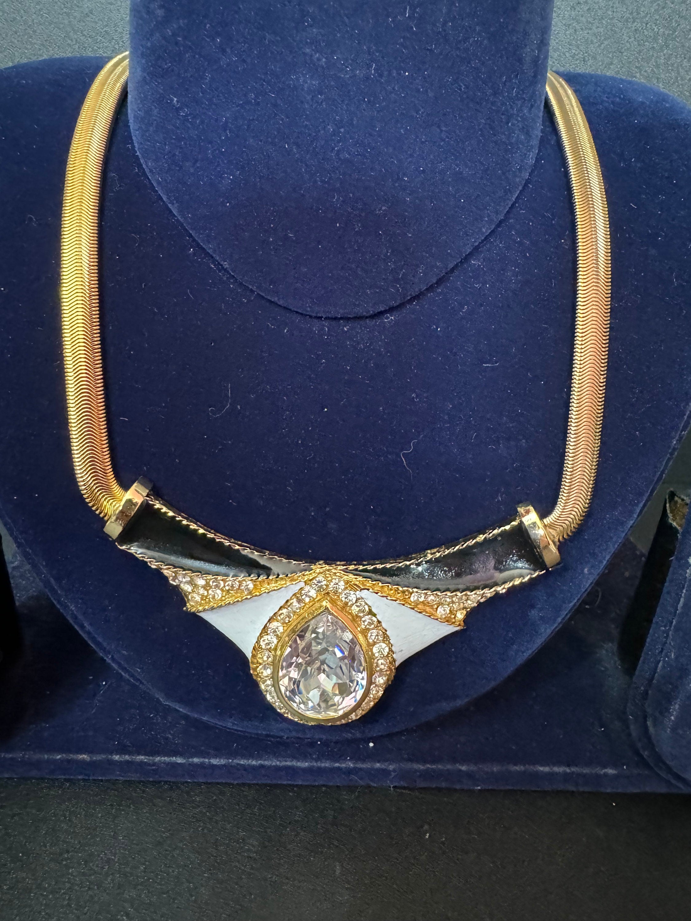 Vintage Diamanté Crystal Choker: Rhinestone Gold Tone Enamel Pendant