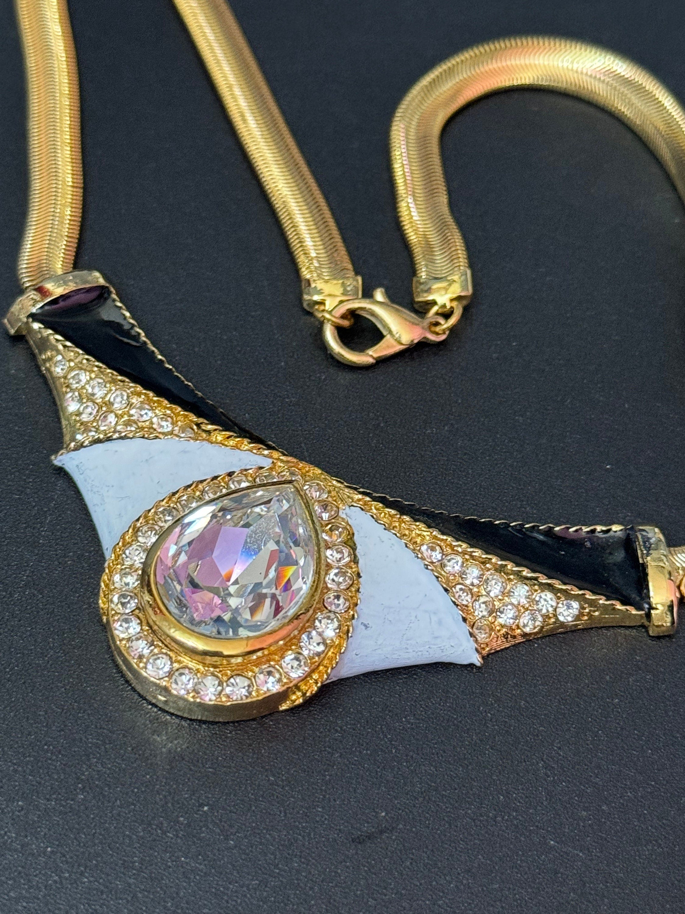 Vintage Diamanté Crystal Choker: Rhinestone Gold Tone Enamel Pendant