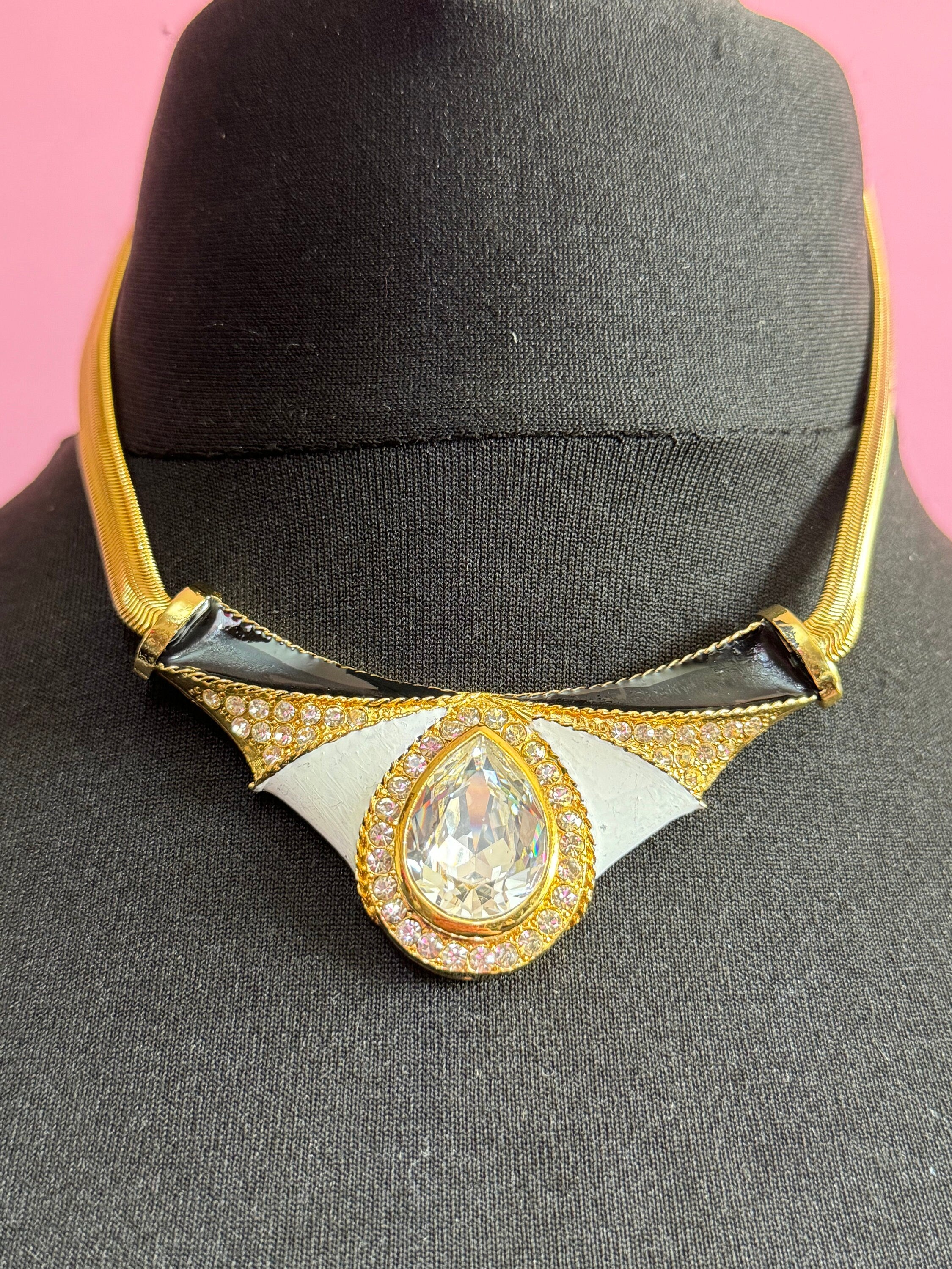 Vintage Diamanté Crystal Choker: Rhinestone Gold Tone Enamel Pendant