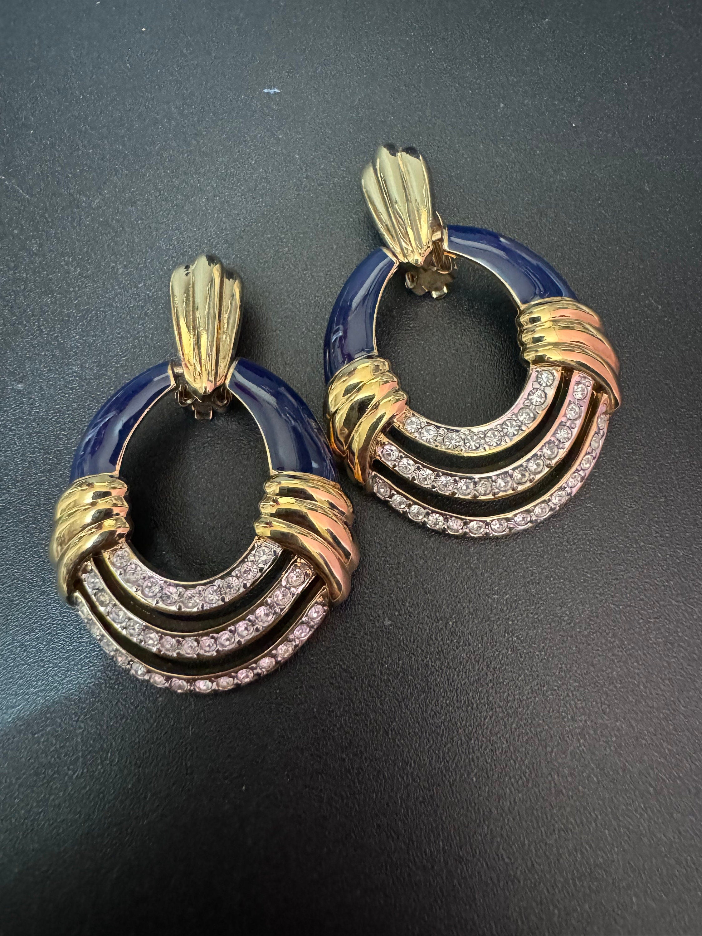 Vintage 1980s large Gold tone clear diamante navy blue enamel pair door knocker dangly drop clip on earrings 5cm