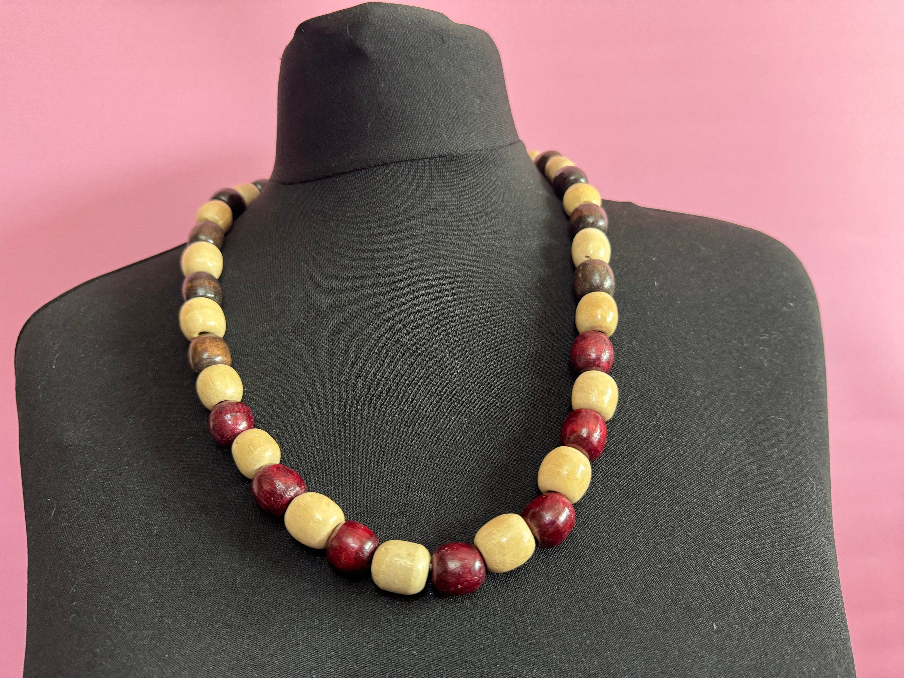 Vintage Wooden Beaded Necklace: Long Boho Layering