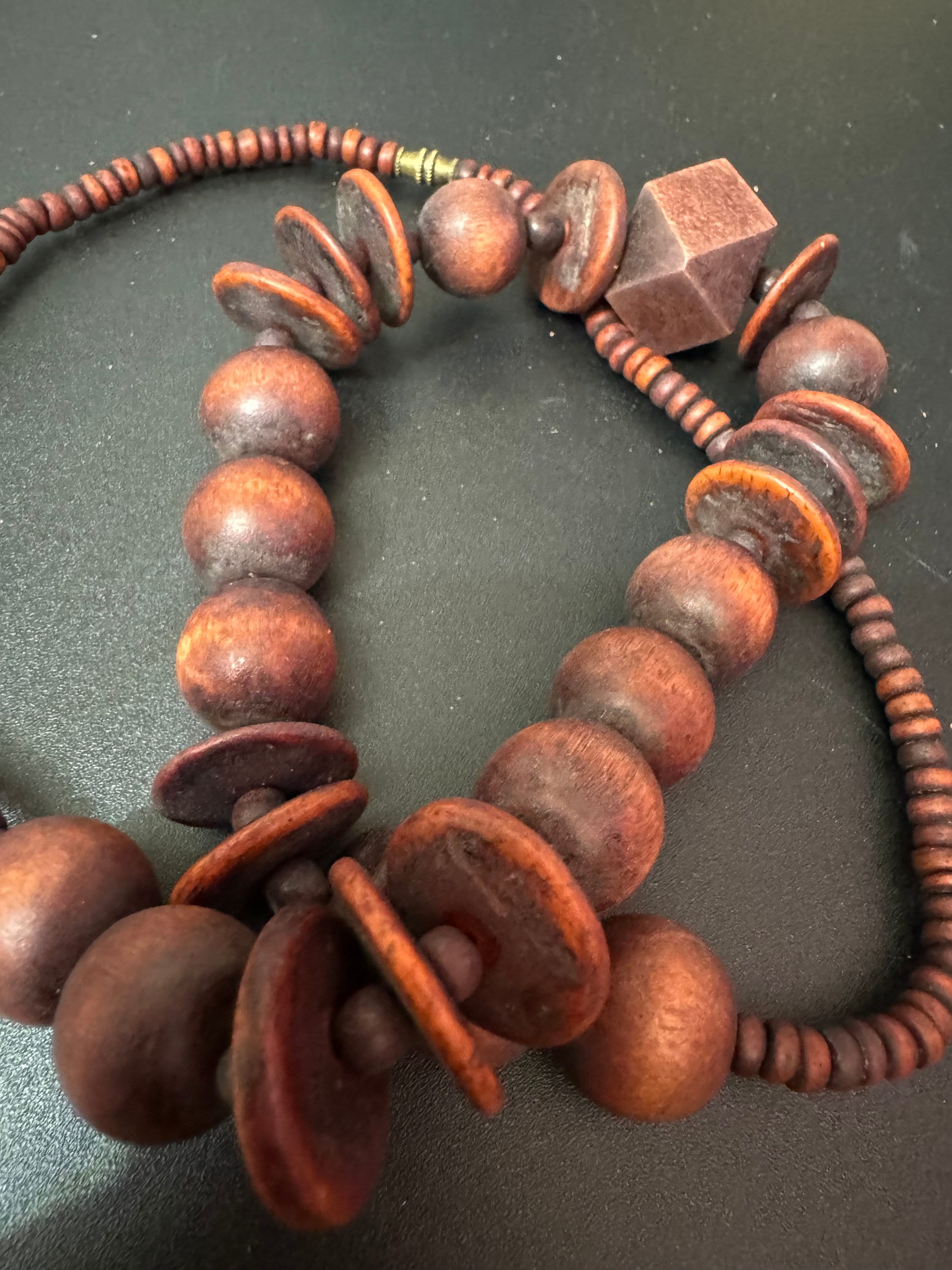 Chunky Vintage Wooden Beaded Necklace: Dark Brown Boho Jewelry