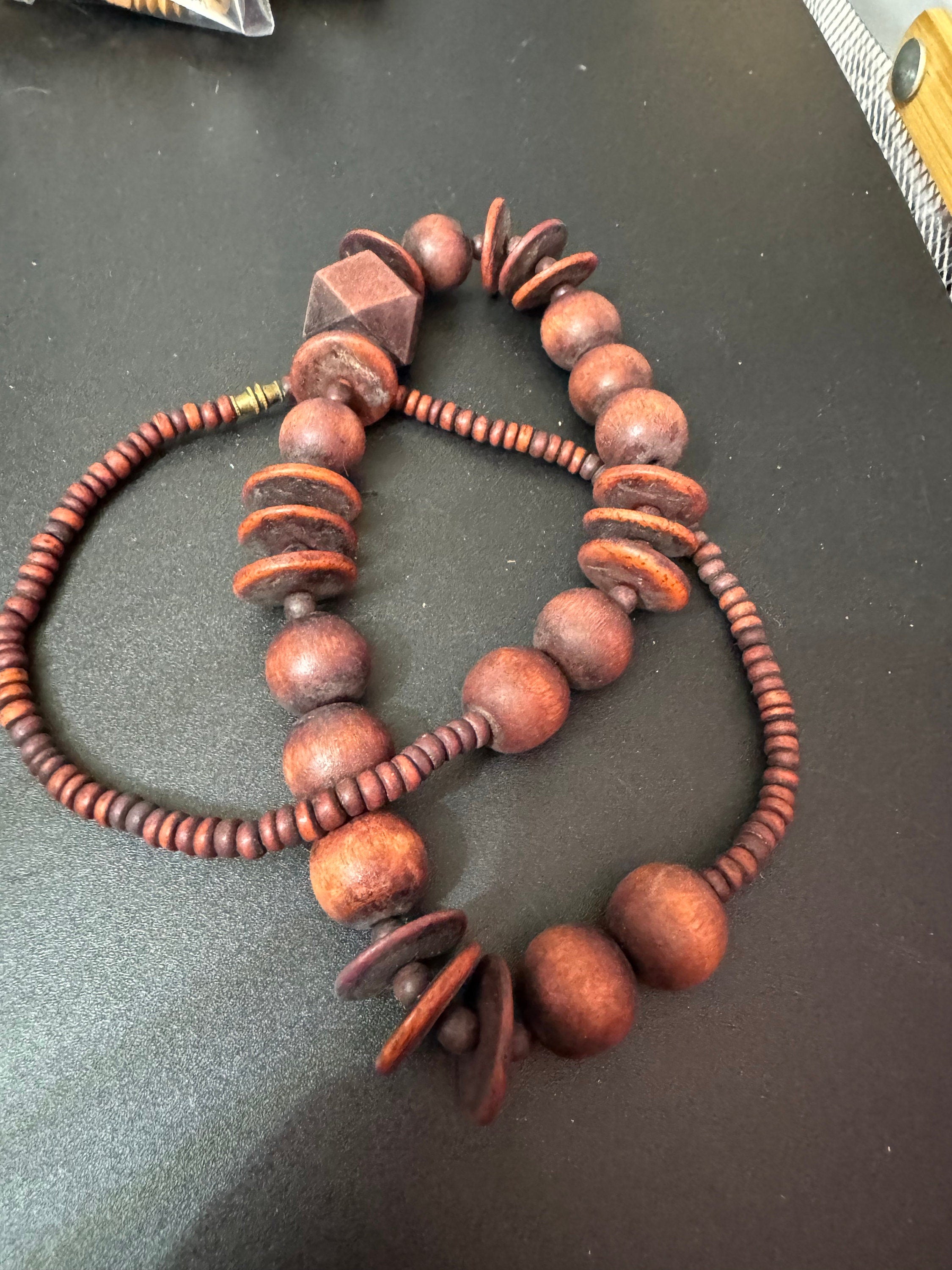 Chunky Vintage Wooden Beaded Necklace: Dark Brown Boho Jewelry