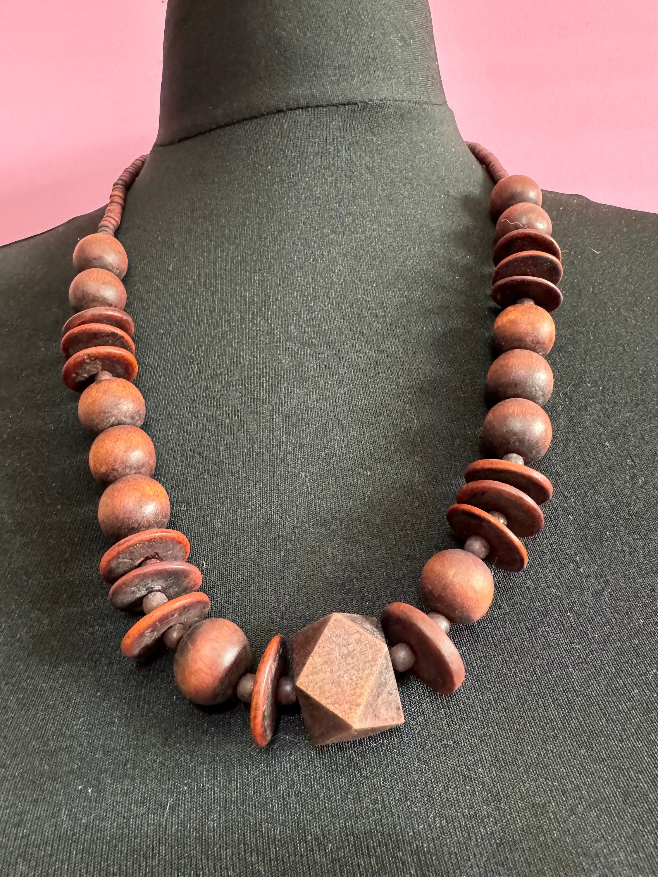 Chunky Vintage Wooden Beaded Necklace: Dark Brown Boho Jewelry